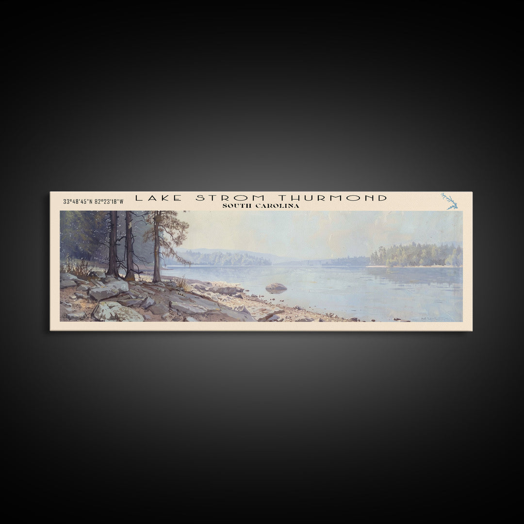 Lake Strom Thurmond South Carolina Framed Canvas Print, Lake House Decor, Panoramic Wall Art, Travel Poster, Serene Landscape Painting, Bedroom Decor