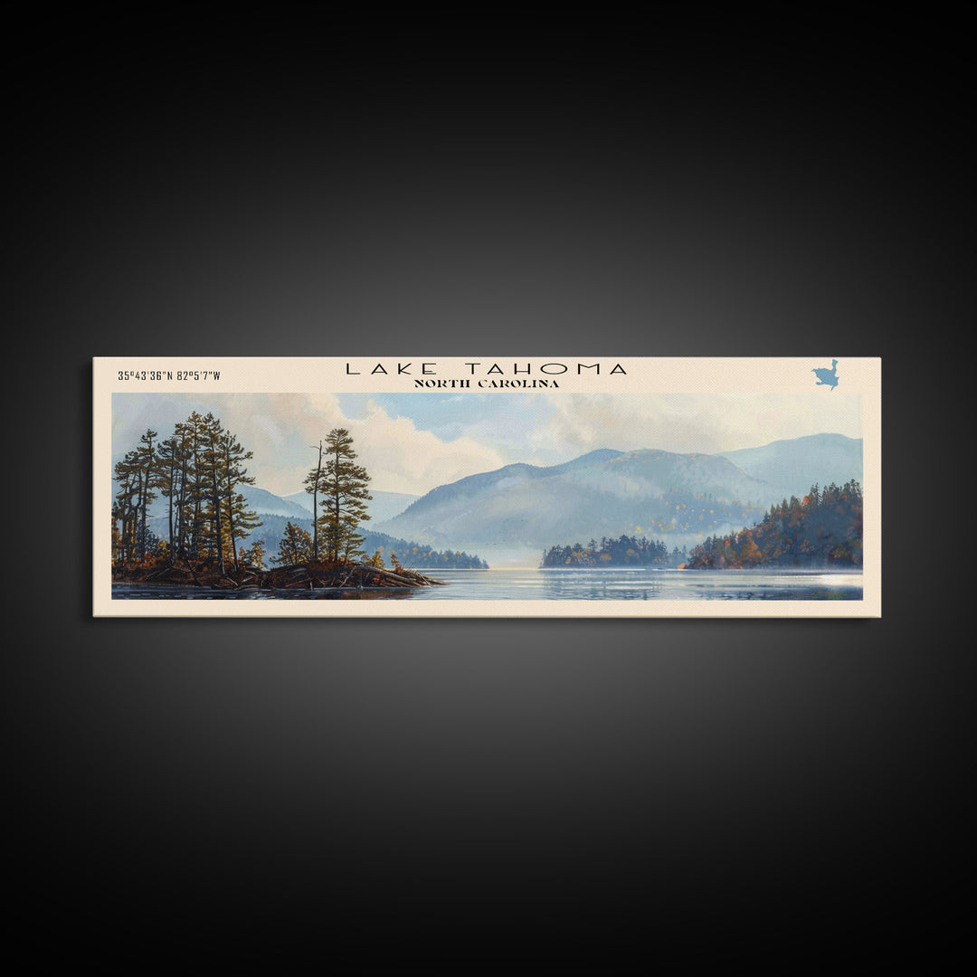 Lake Tahoma North Carolina Framed Canvas Print, Lake House Decor, Panoramic Wall Art, Travel Poster, Serene Landscape Painting, Rustic Art