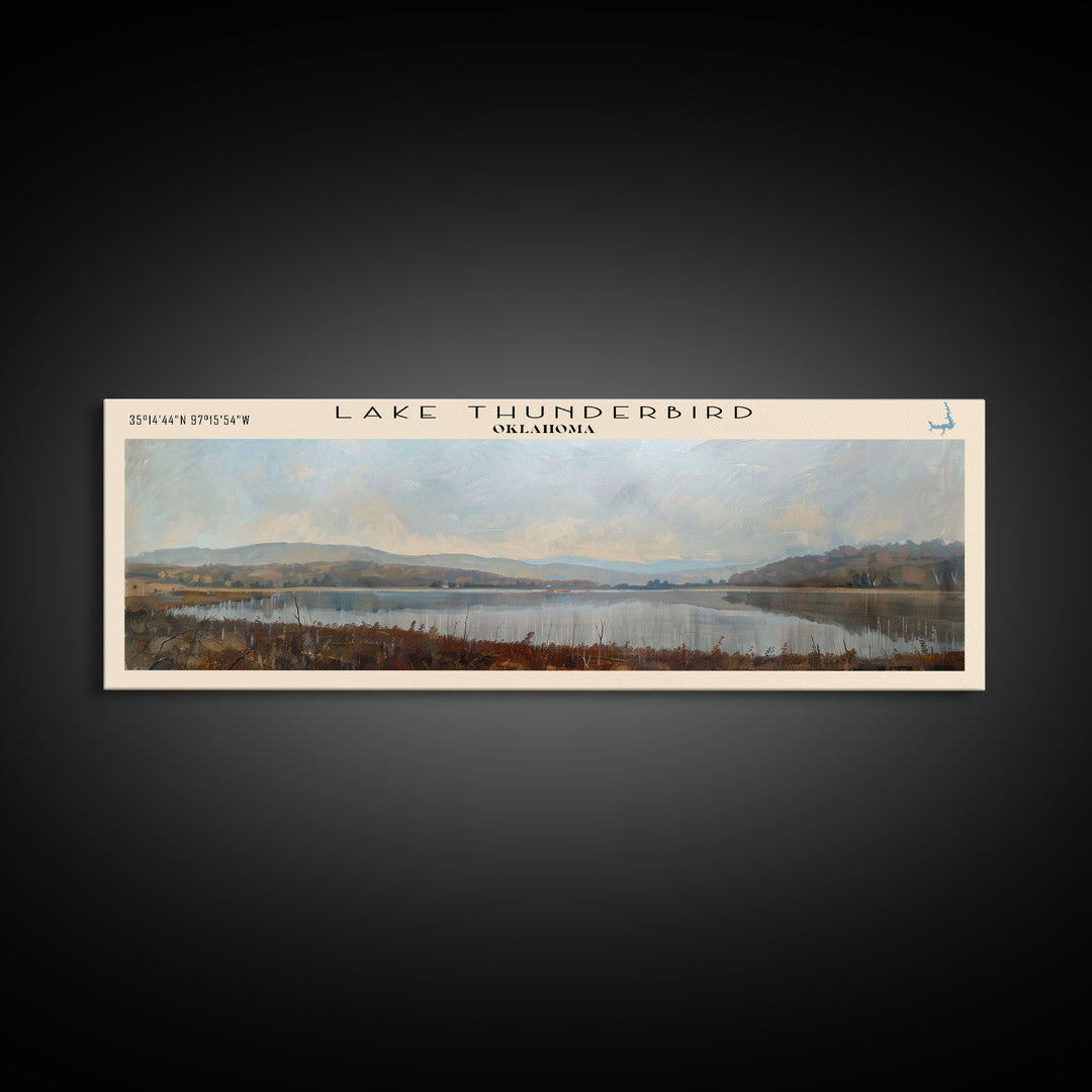 Lake Thunderbird Oklahoma Framed Canvas Print, Lake House Decor, Panoramic Wall Art, Travel Poster, Scenic Landscape Painting, Bedroom Decor