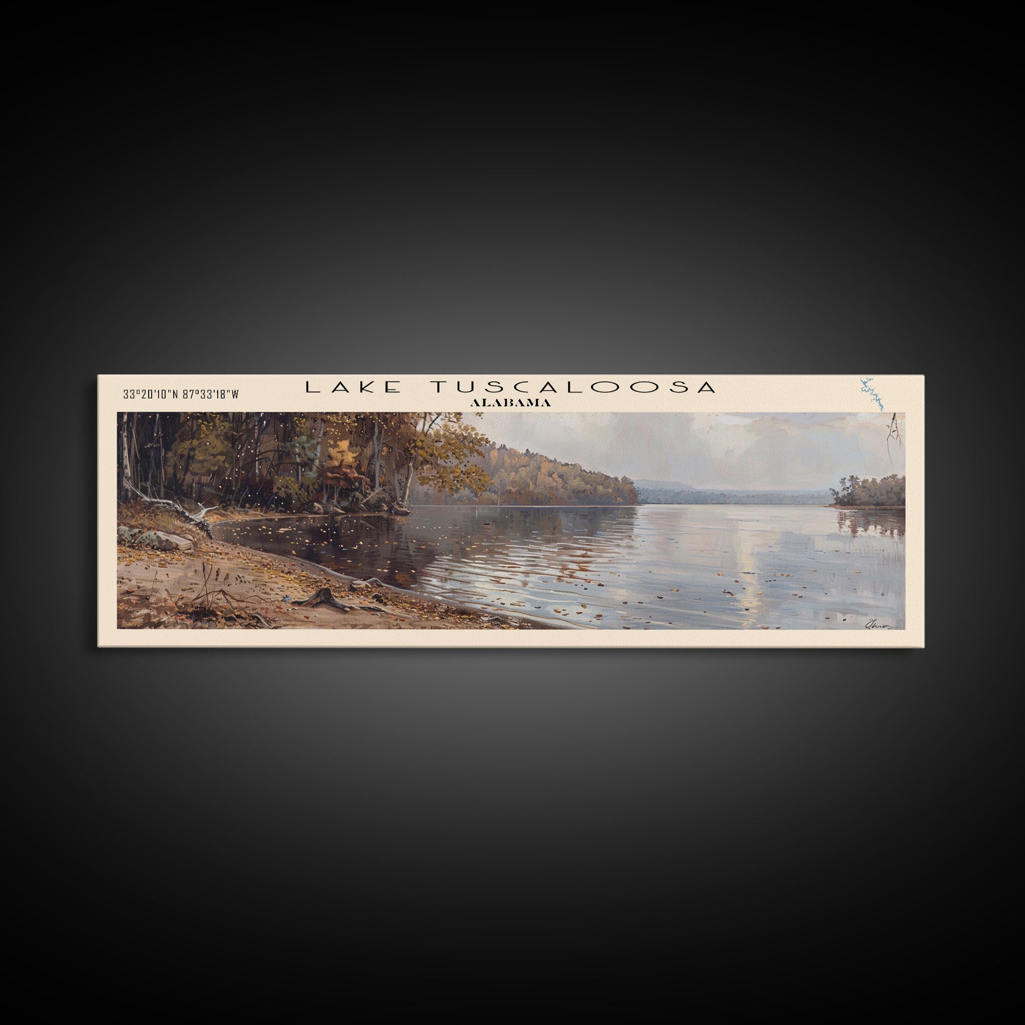 Lake Tuscaloosa Alabama Framed Canvas Print, Lake House Decor, Panoramic Wall Art, Travel Poster, Scenic Landscape Painting, Living Room Decor