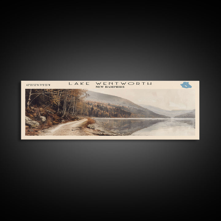 Lake Wentworth New Hampshire Framed Canvas Print, Lake House Decor, Panoramic Wall Art, Travel Poster, Scenic Landscape Painting, Rustic Art