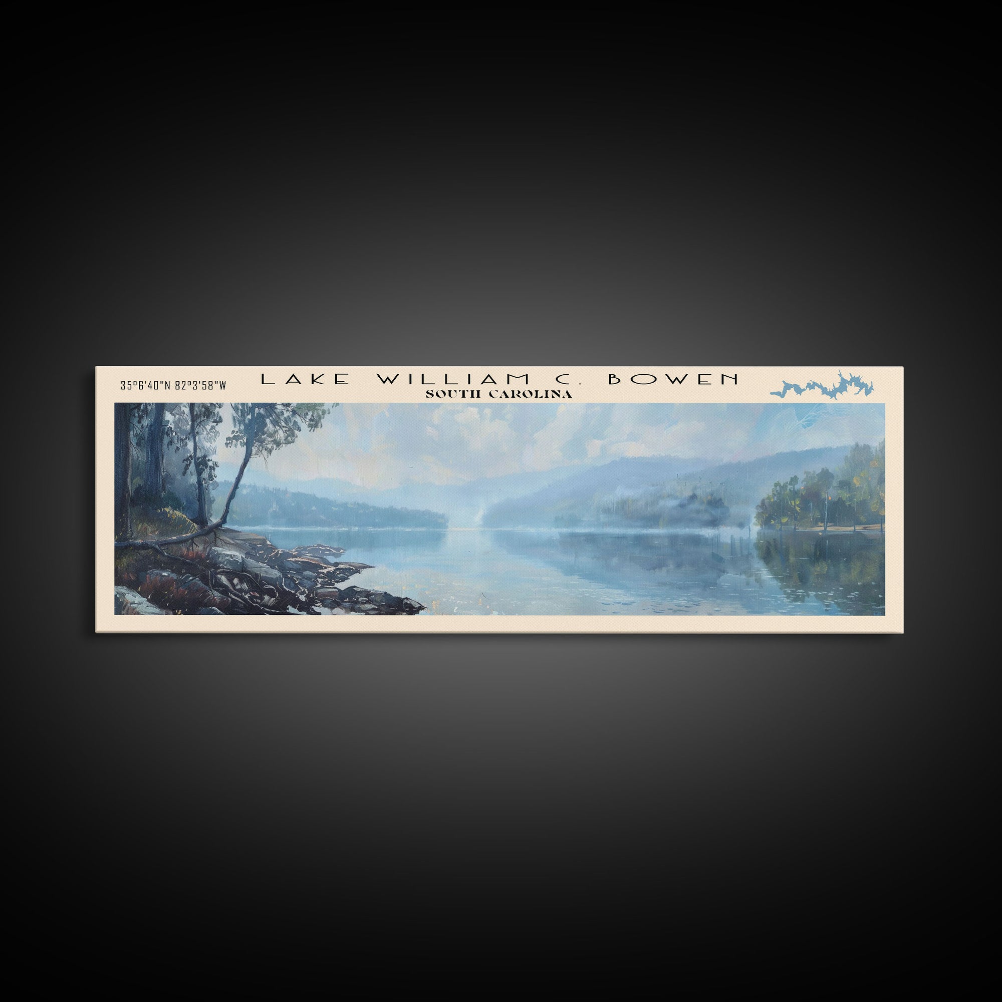 Lake William C Bowen South Carolina Framed Canvas Print, Lake House Decor, Panoramic Wall Art, Travel Poster, Landscape Painting, Bedroom Decor
