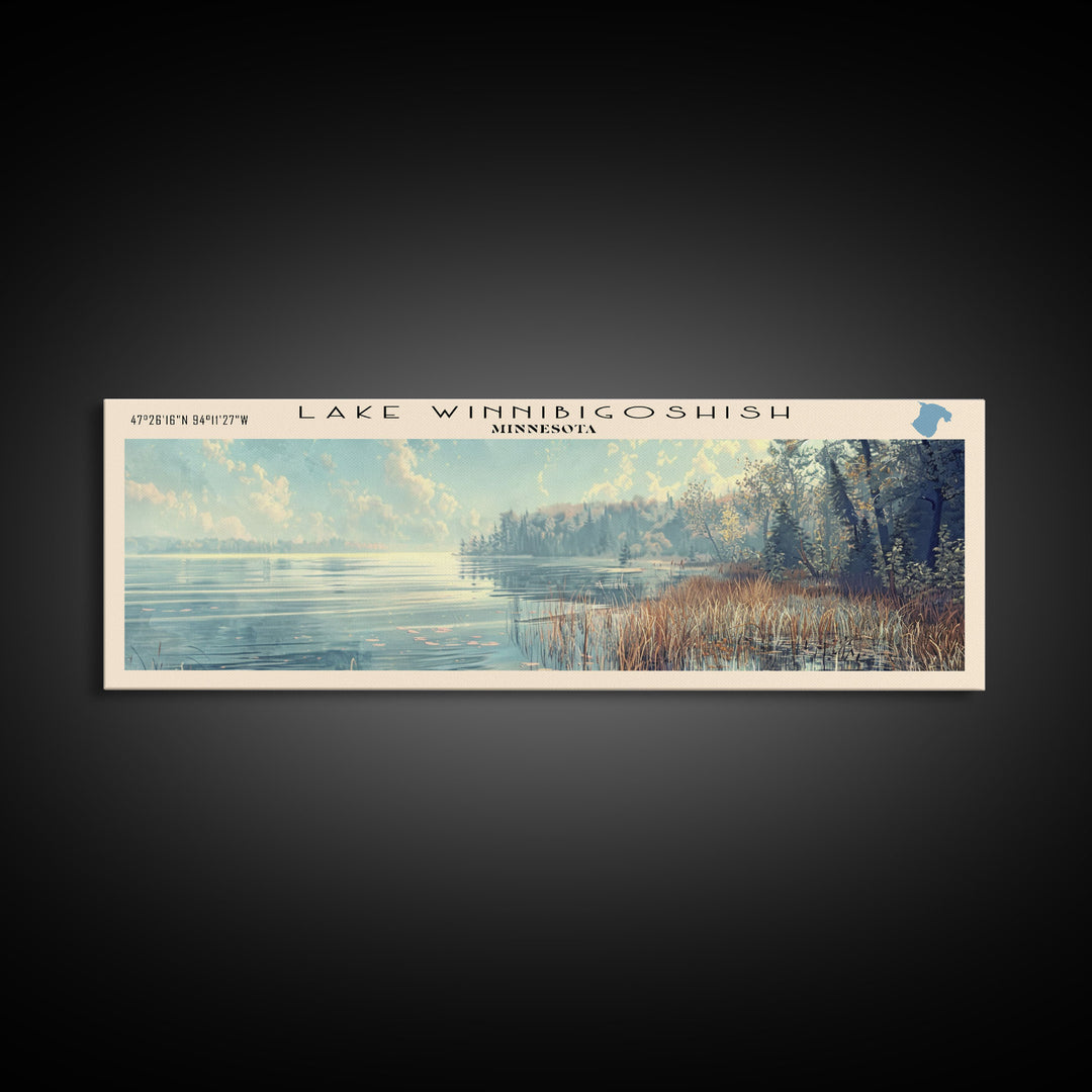Lake Winnibigoshish Framed Canvas Print, Lake House Decor, Panoramic Wall Art, Travel Poster, Landscape Painting, Bedroom Decor