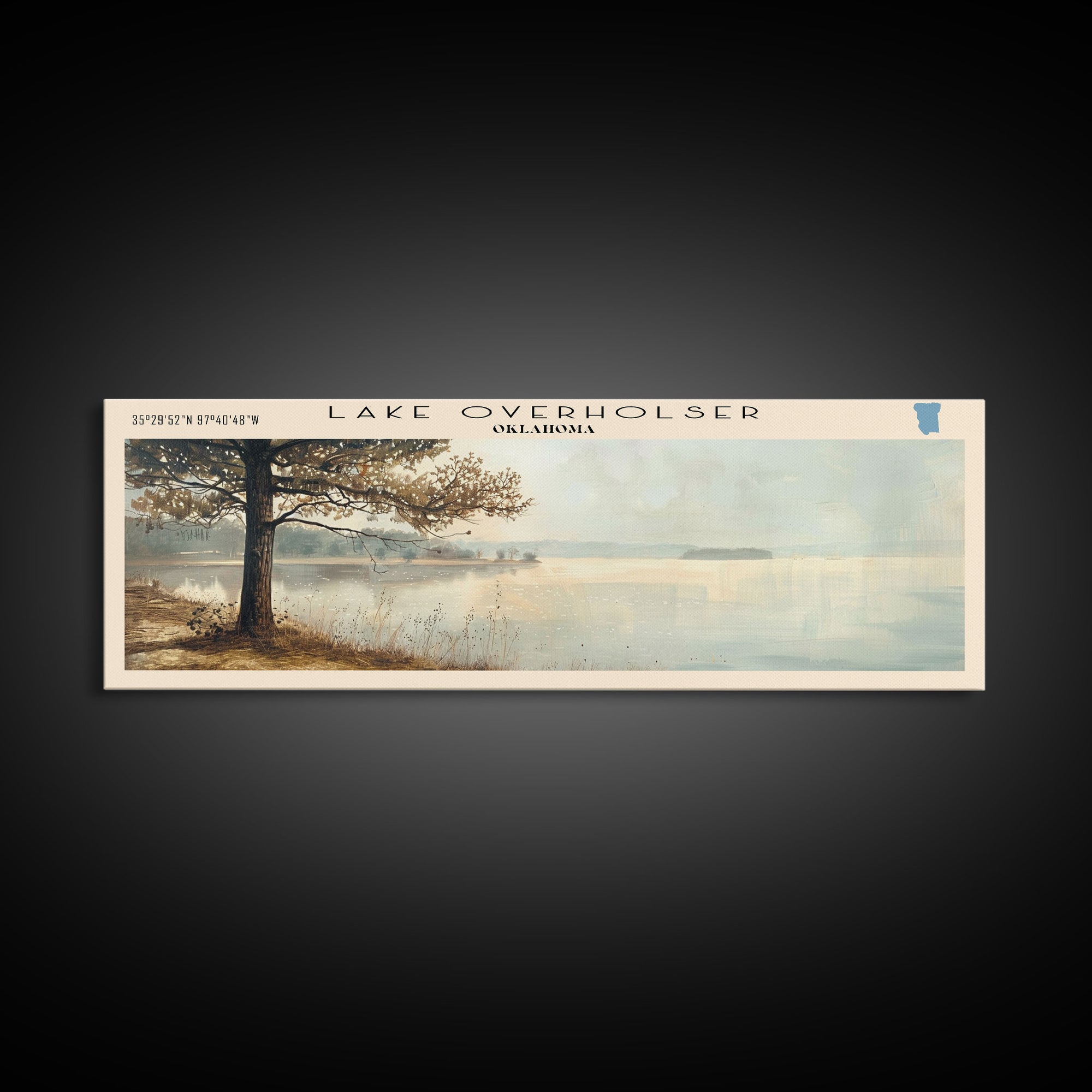 Lake Verholser Oklahoma Framed Canvas Print, Lake House Decor, Panoramic Wall Art, Travel Poster, Landscape Painting, Contemporary Art
