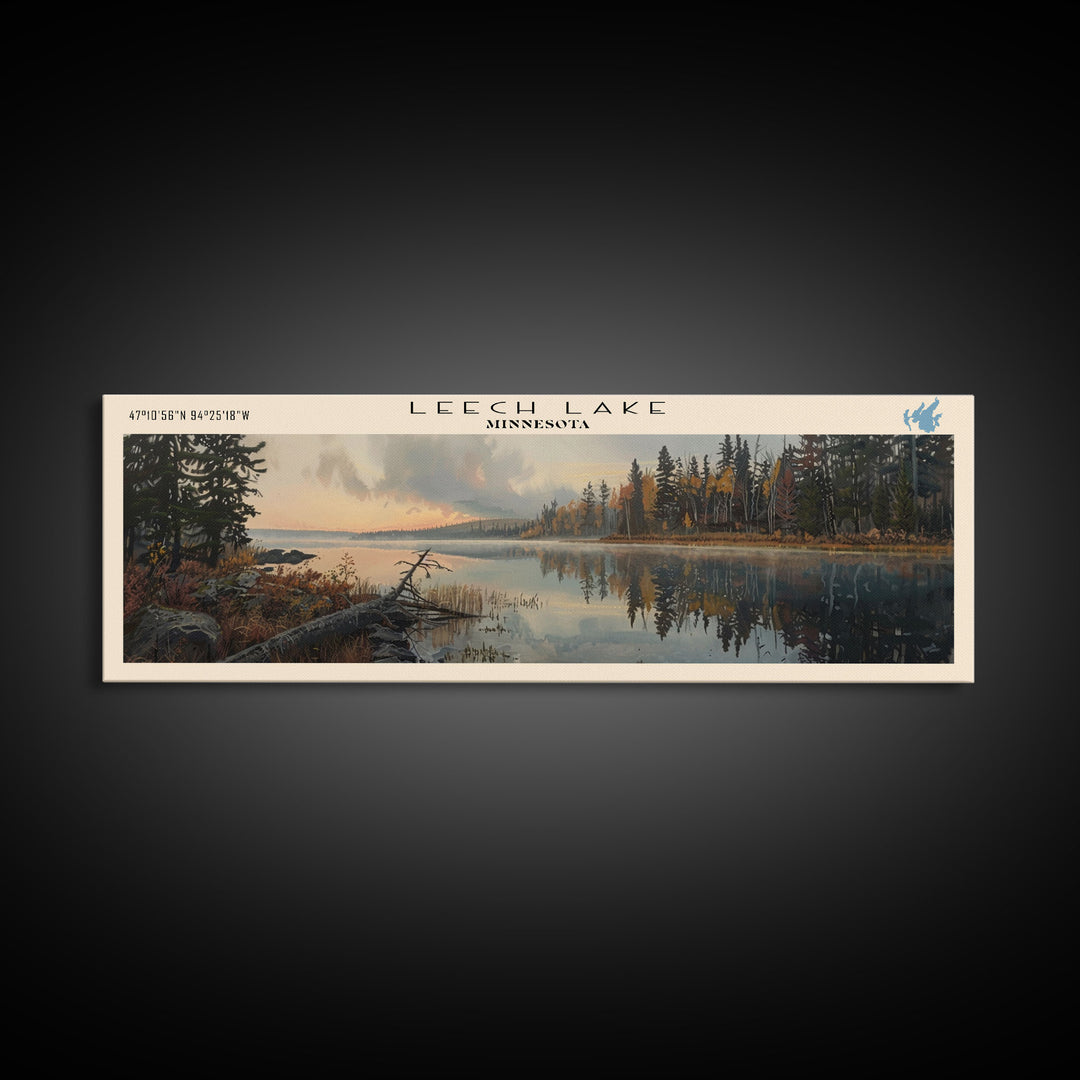 Leech Lake Framed Canvas Print, Lake House Decor, Panoramic Wall Art, Travel Poster, Landscape Painting, Cottage Art