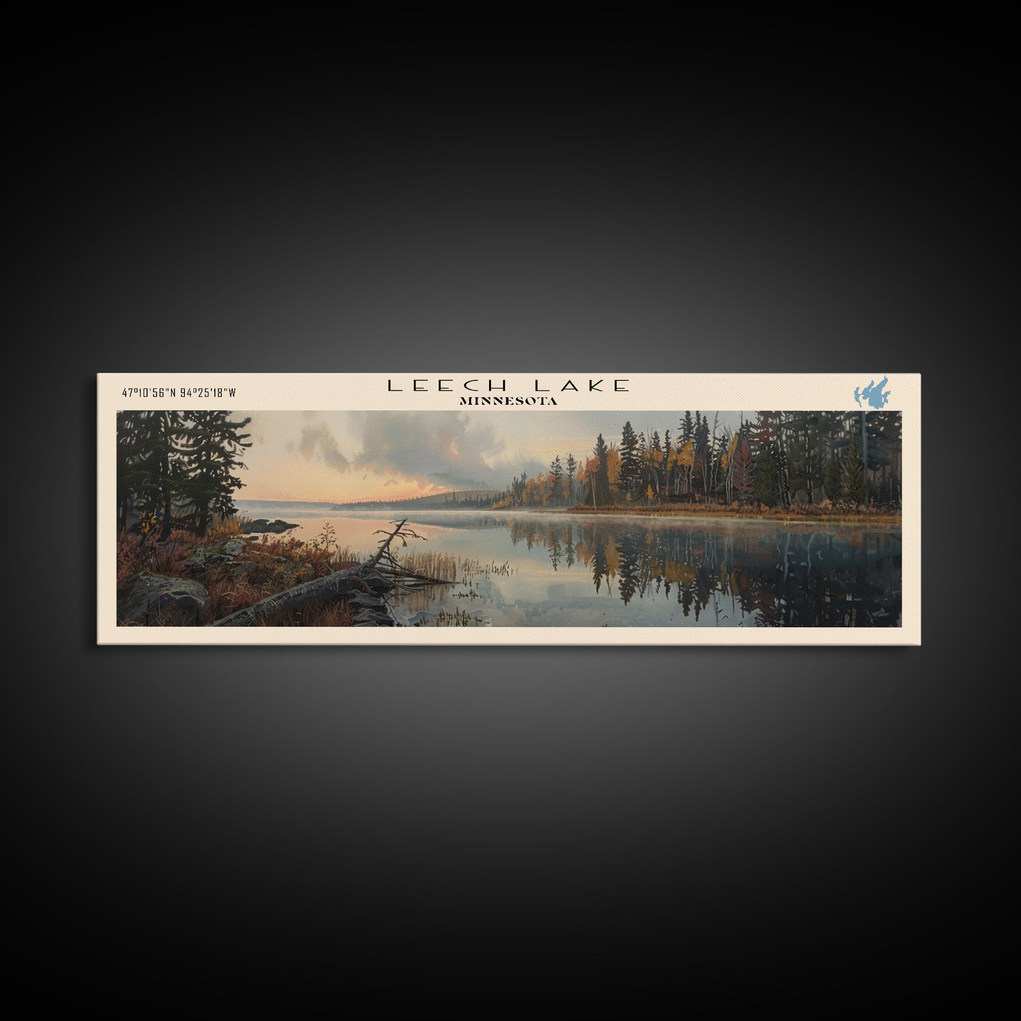 Leech Lake Framed Canvas Print, Lake House Decor, Panoramic Wall Art, Travel Poster, Landscape Painting, Cottage Art