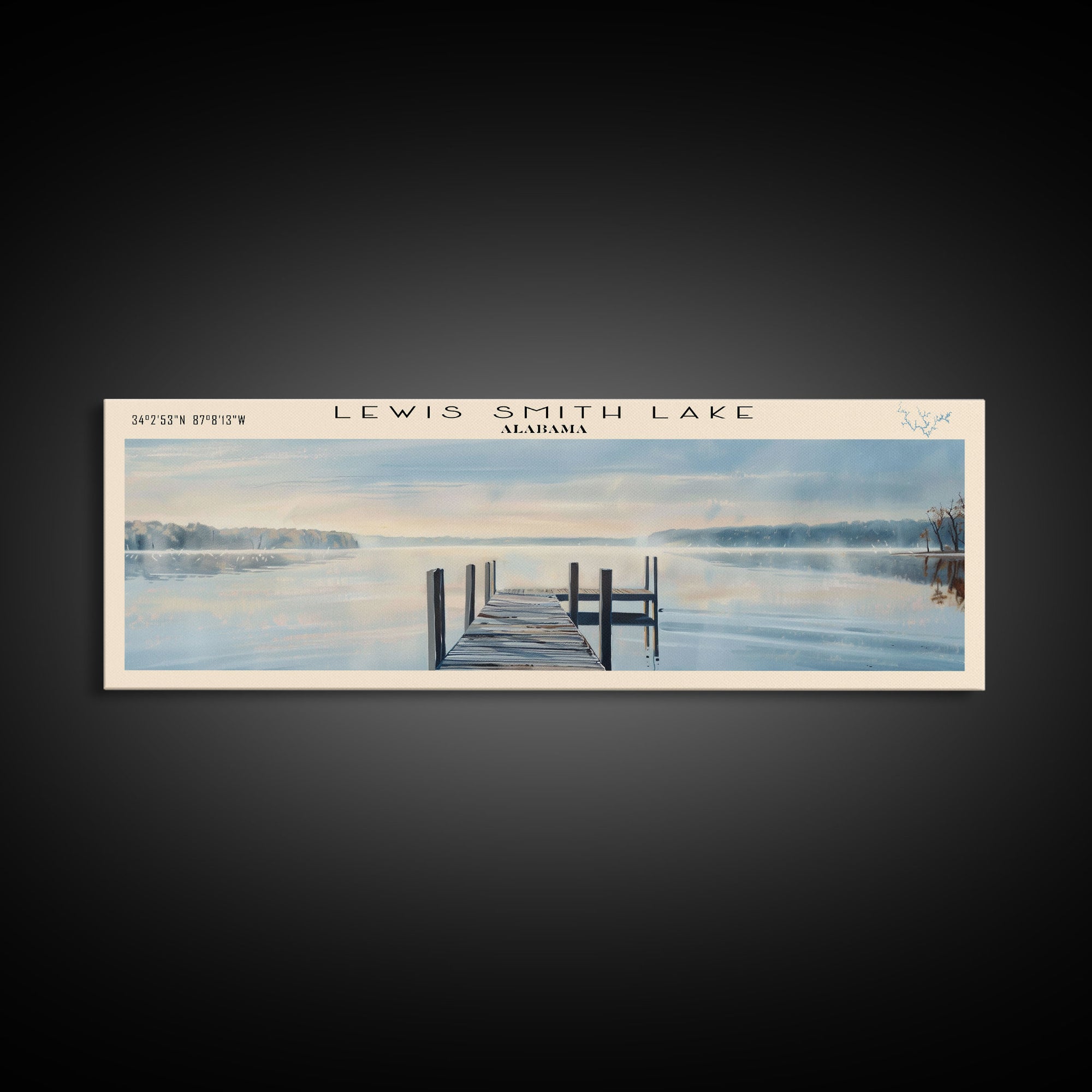 Lewis Smith Lake Alabama Framed Canvas Print, Lake House Decor, Panoramic Wall Art, Travel Poster, Landscape Painting, Modern Art