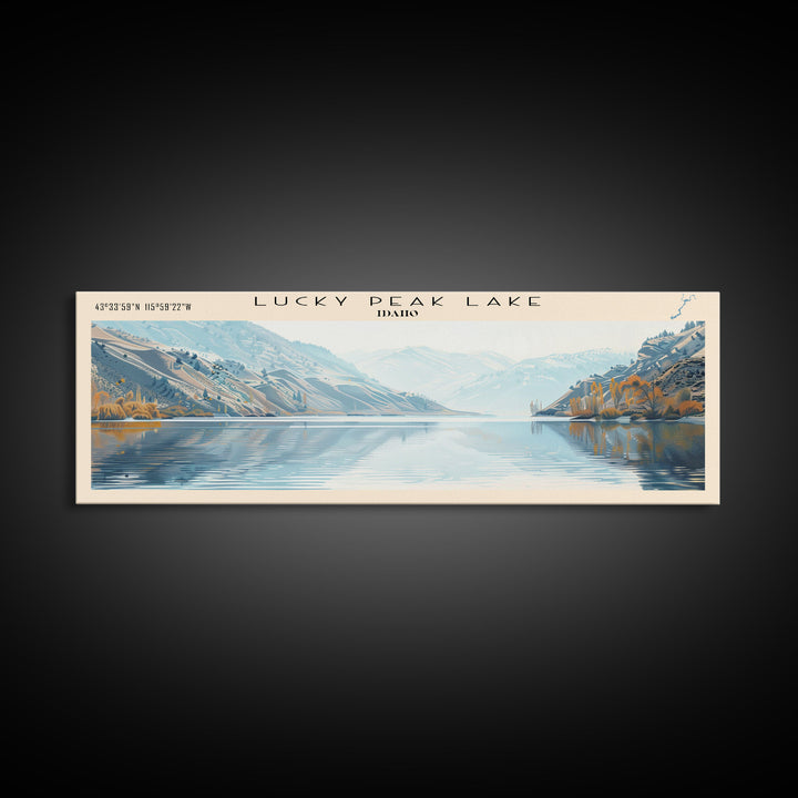Lucky Peak Lake Idaho Framed Canvas Print, Lake House Decor, Panoramic Wall Art, Travel Poster, Landscape Painting, Modern Art