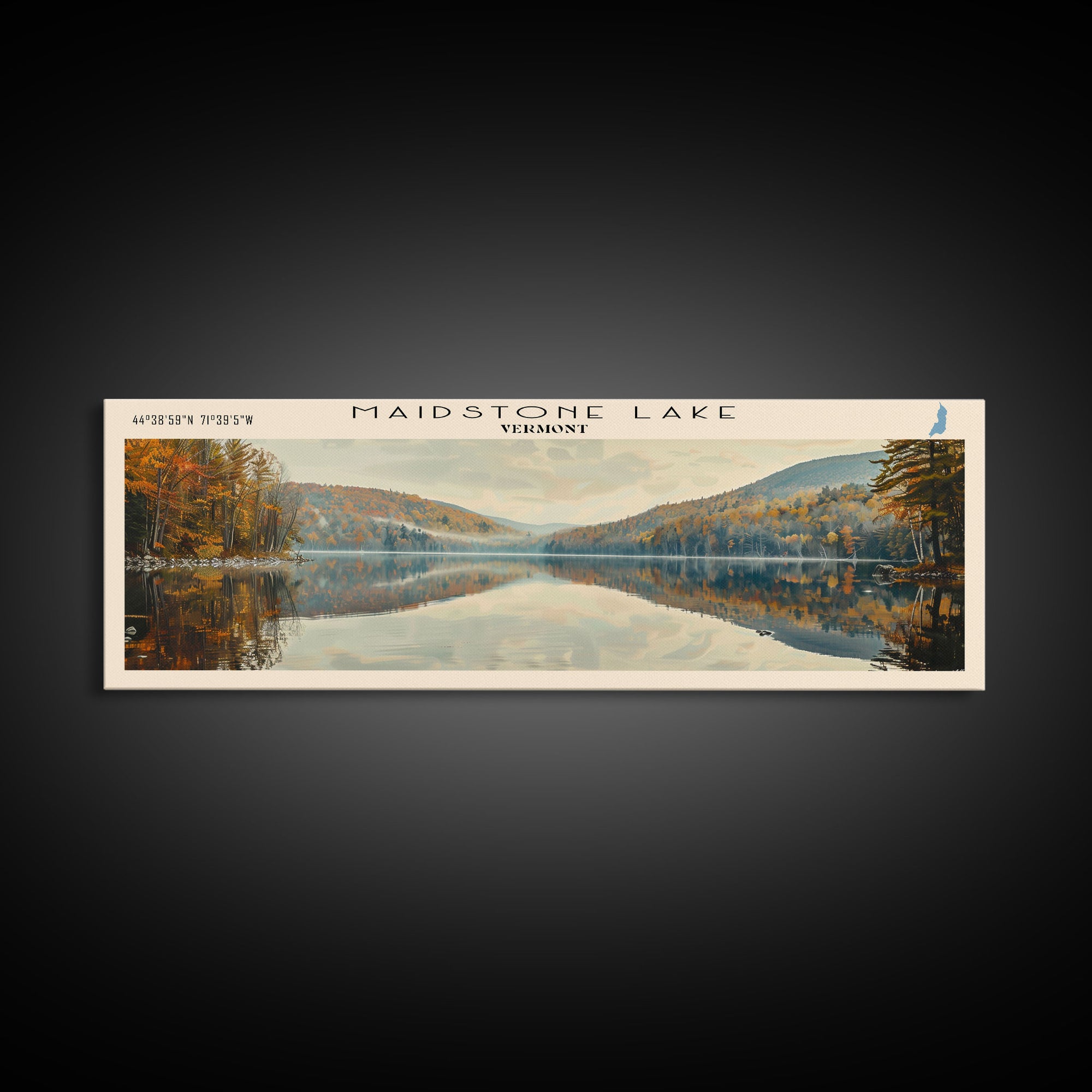 Maidstone Lake Vermont Framed Canvas Print, Lake House Decor, Panoramic Wall Art, Travel Poster, Beautiful Landscape Painting, Modern Art