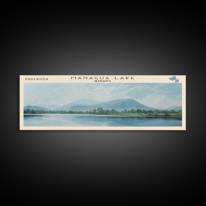 Managua Lake Framed Canvas Print, Lake House Decor, Panoramic Wall Art, Travel Poster, Scenic Landscape Painting, Living Room Decor
