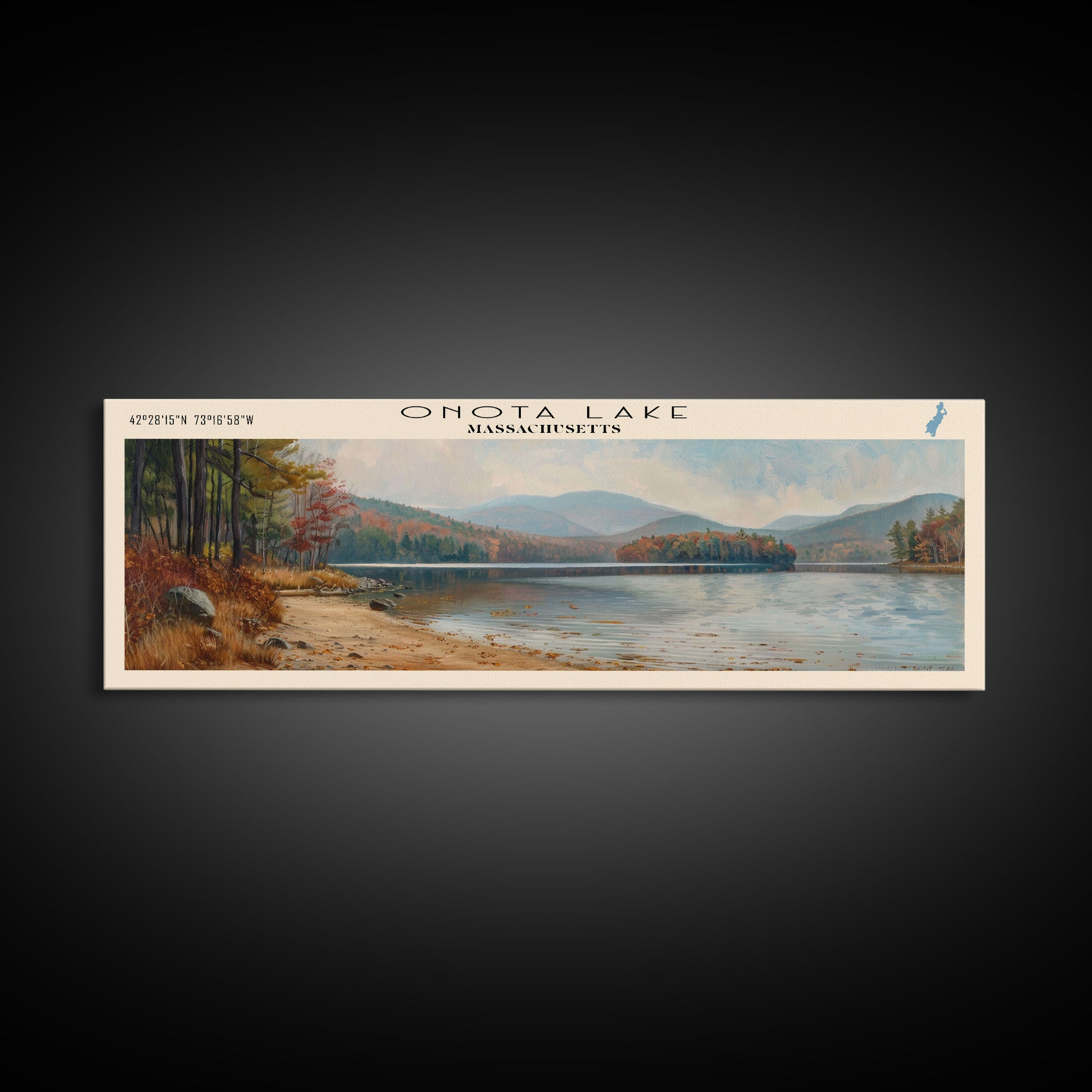 Onota Lake Massachusetts Framed Canvas Print, Lake House Decor, Panoramic Wall Art, Travel Poster, Landscape Painting, Modern Art