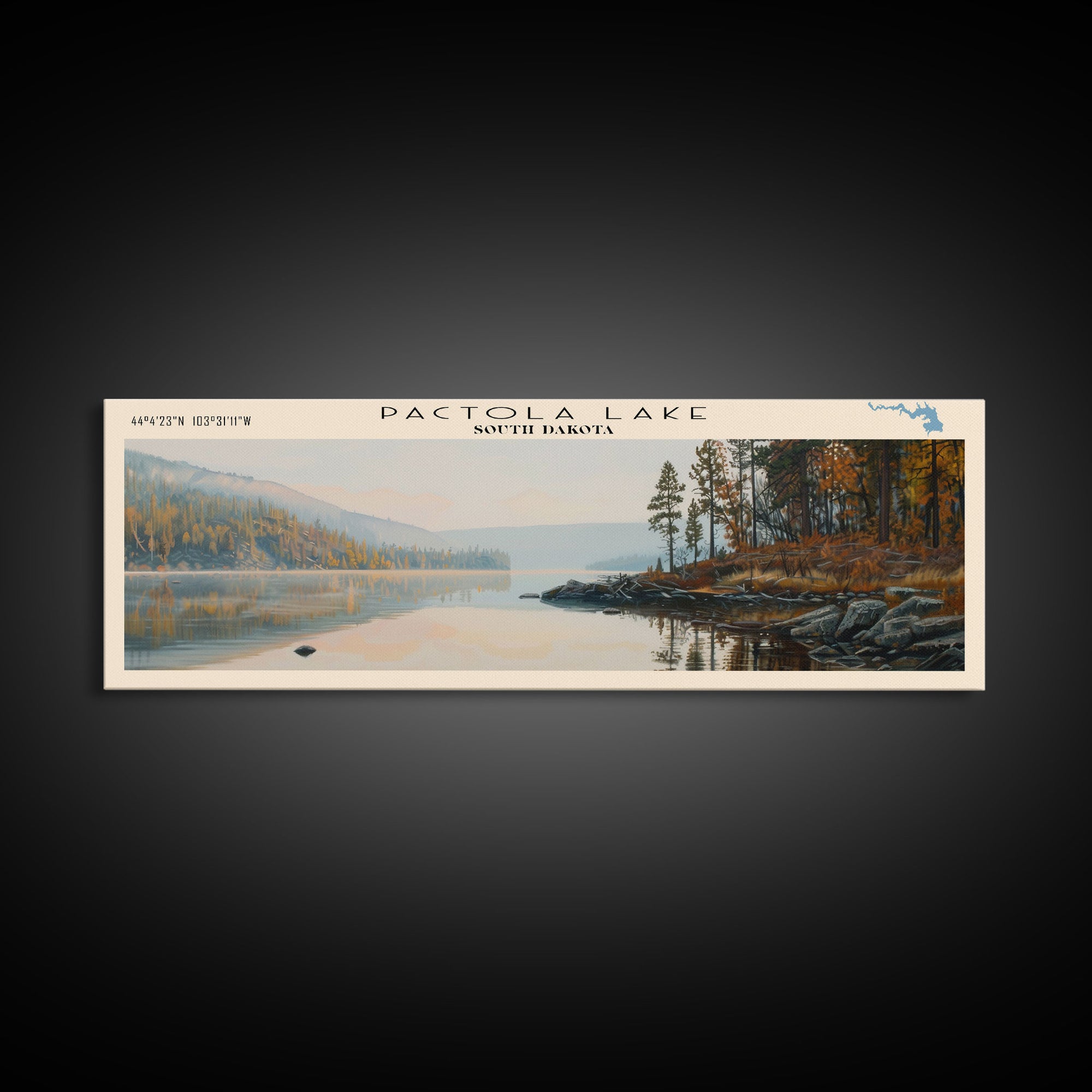 Pactola Lake South Dakota Framed Canvas Print, Lake House Decor, Panoramic Travel Poster, Landscape Painting, Contemporary Art