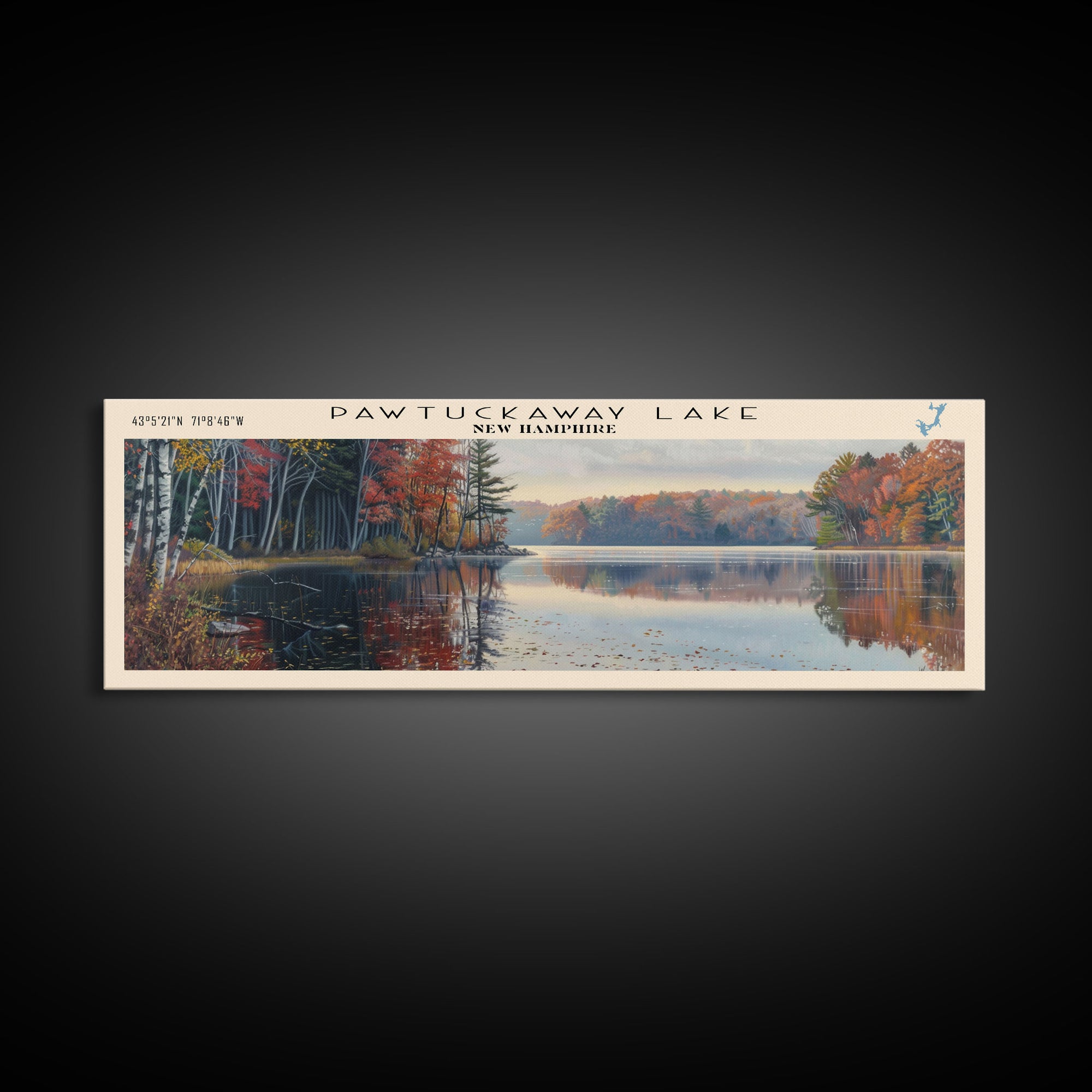 Pawtuckaway Lake New Hampshire Framed Canvas Print, Lake House Decor, Panoramic Wall Art, Travel Poster, Beautiful Landscape Painting, Living Room Decor