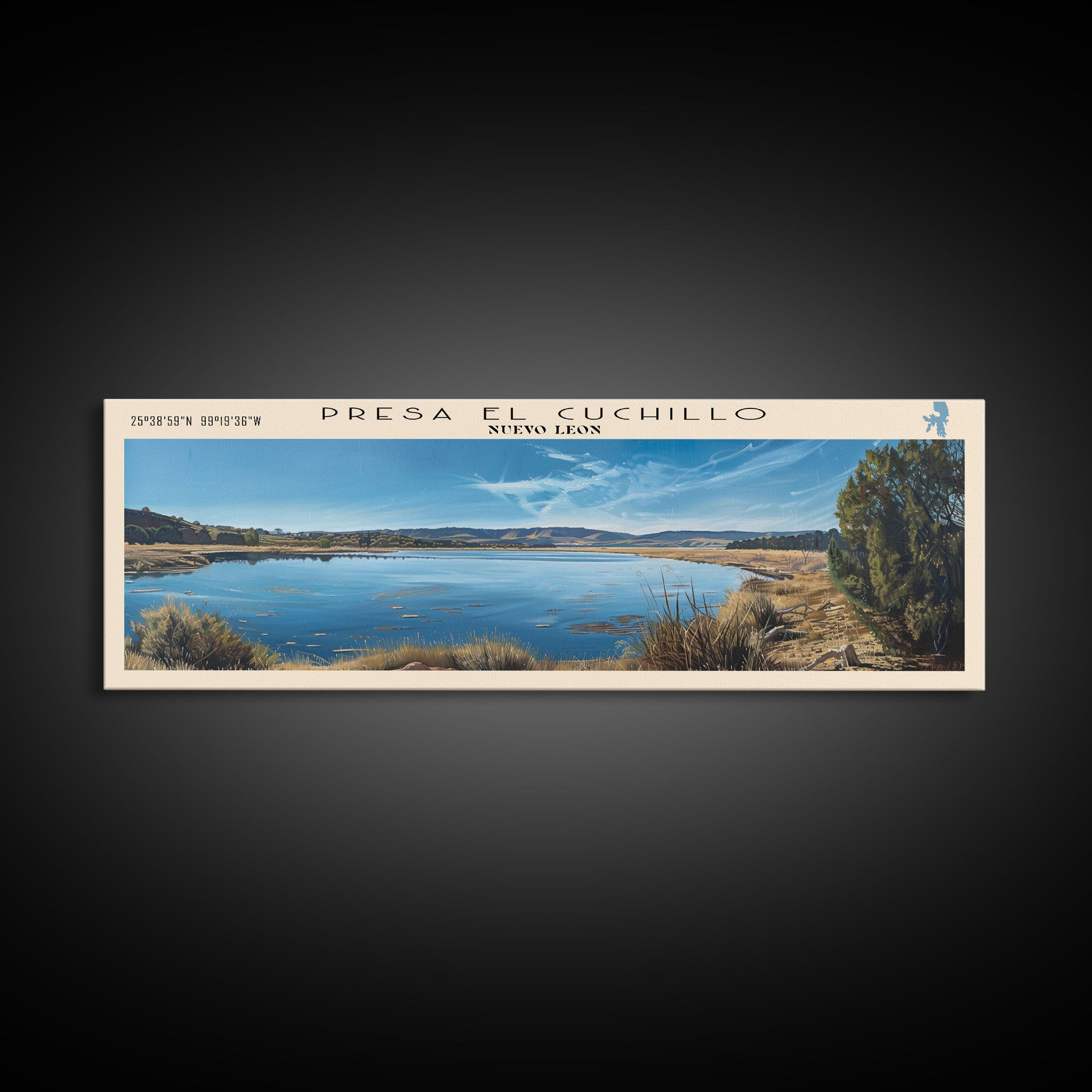 Presa El Cuchillo Lake Framed Canvas Print, Lake House Decor, Panoramic Wall Art, Travel Poster, Beautiful Landscape Painting, Contemporary Art