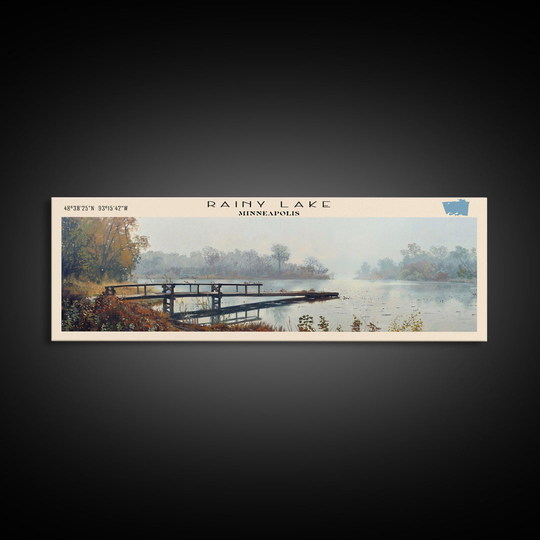 Rainy Lake Minneapolis Framed Canvas Print, Lake House Decor, Panoramic Wall Art, Travel Poster, Beautiful Landscape Painting, Modern Art