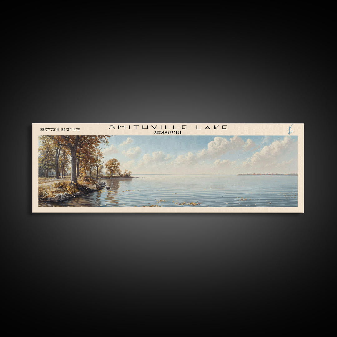 Smithville Lake Missouri Panoramic Framed Canvas Print, Lake House Decor, Wall Art, Travel Poster, Serene Lake Painting, Living Room Decor