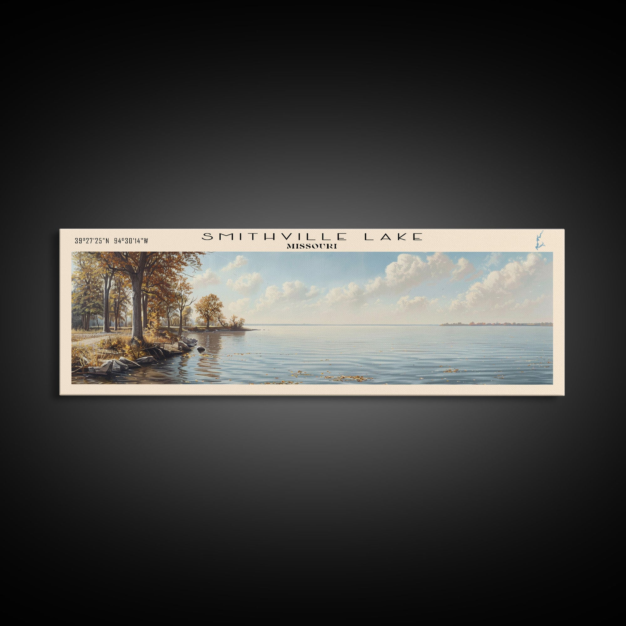 Smithville Lake Missouri Panoramic Framed Canvas Print, Lake House Decor, Wall Art, Travel Poster, Serene Lake Painting, Living Room Decor