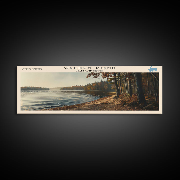 Walden Pond Massachusetts Panoramic Wall Art, Framed Canvas Print, Lake House Decor, Travel Poster, Scenic Lake Scene, Bedroom Decor