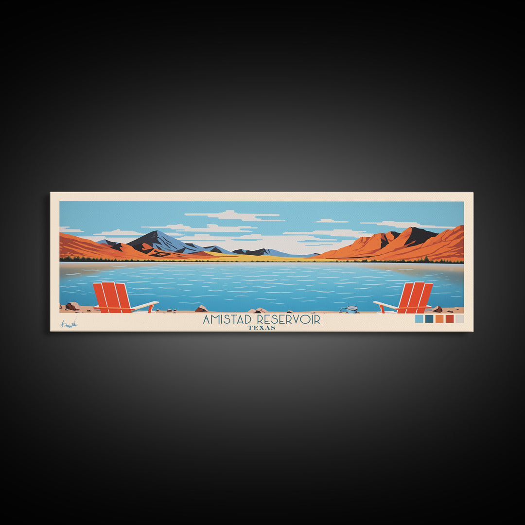 Amistad Reservoir Texas Framed Canvas Print, Panoramic Travel Poster, Midcentury Modern Wall Art, Pop Art, Nature Bedroom Decor