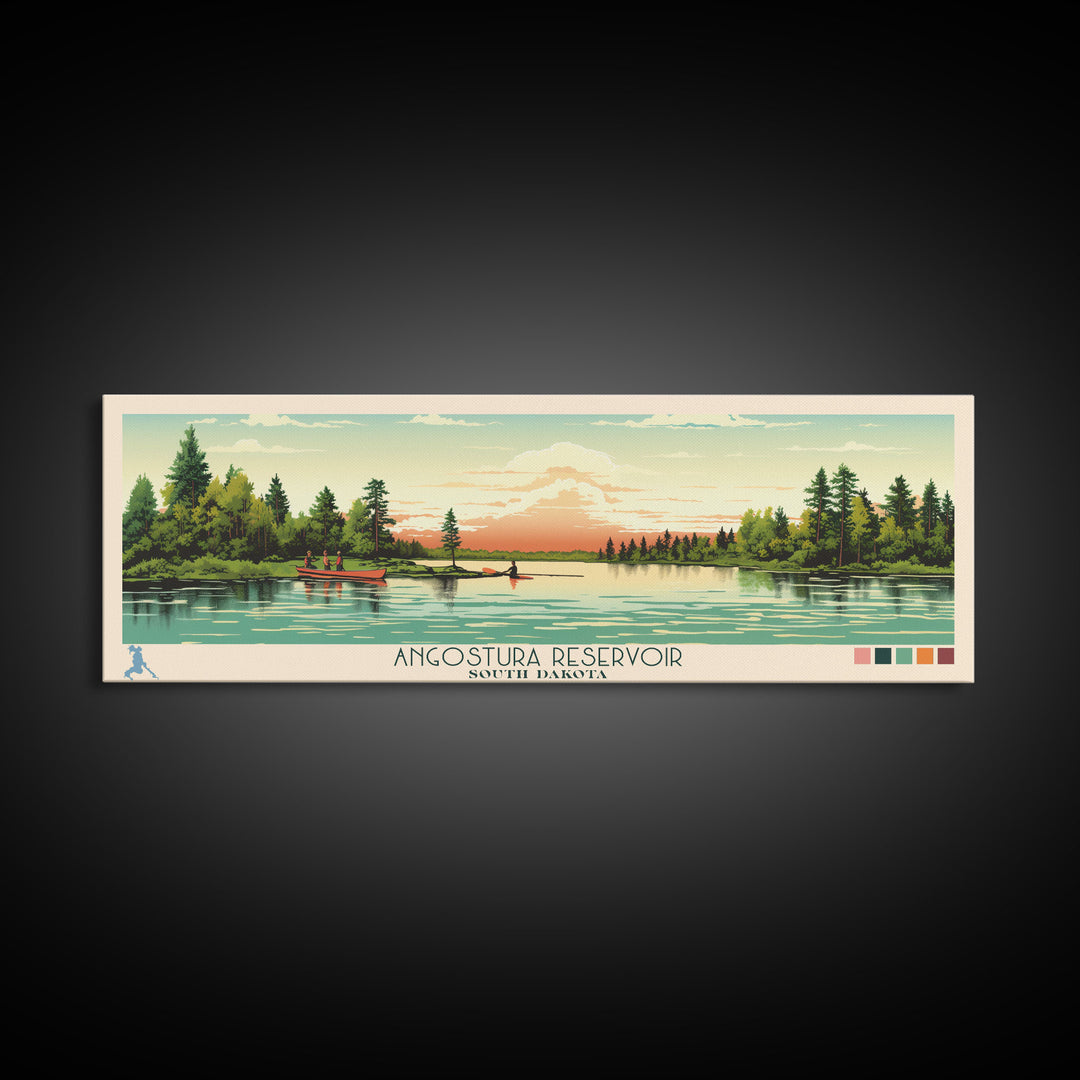Angostura Reservoir South Dakota Framed Canvas Print, Panoramic Wall Art, Midcentury Modern, Pop Art, Travel Poster, Scenic Bedroom Art