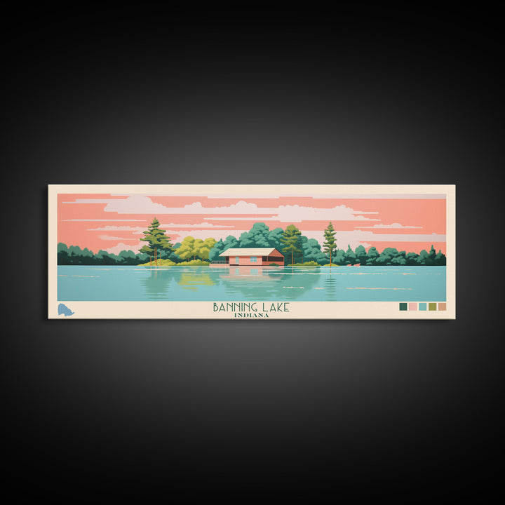 Banning Lake Indiana Framed Canvas Print, Panoramic Travel Poster, Midcentury Modern Wall Art, Pop Art, Bedroom Decor