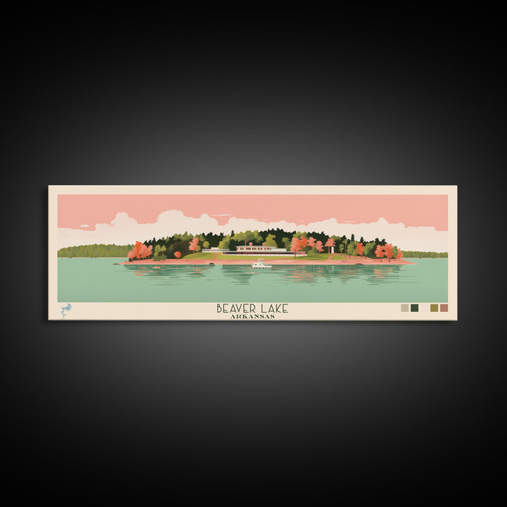 Beaver Lake Arkansas Framed Canvas Print, Panoramic Wall Art, Midcentury Modern, Pop Art, Travel Poster, Scenic Lake House Art, Bedroom Decor