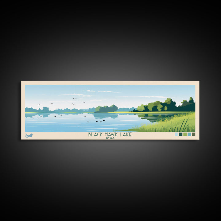 Black Hawk Lake Iowa Framed Canvas Print, Panoramic Travel Poster, Midcentury Modern Wall Art, Pop Art, Nature Bedroom Art, Scenic Lake House Decor
