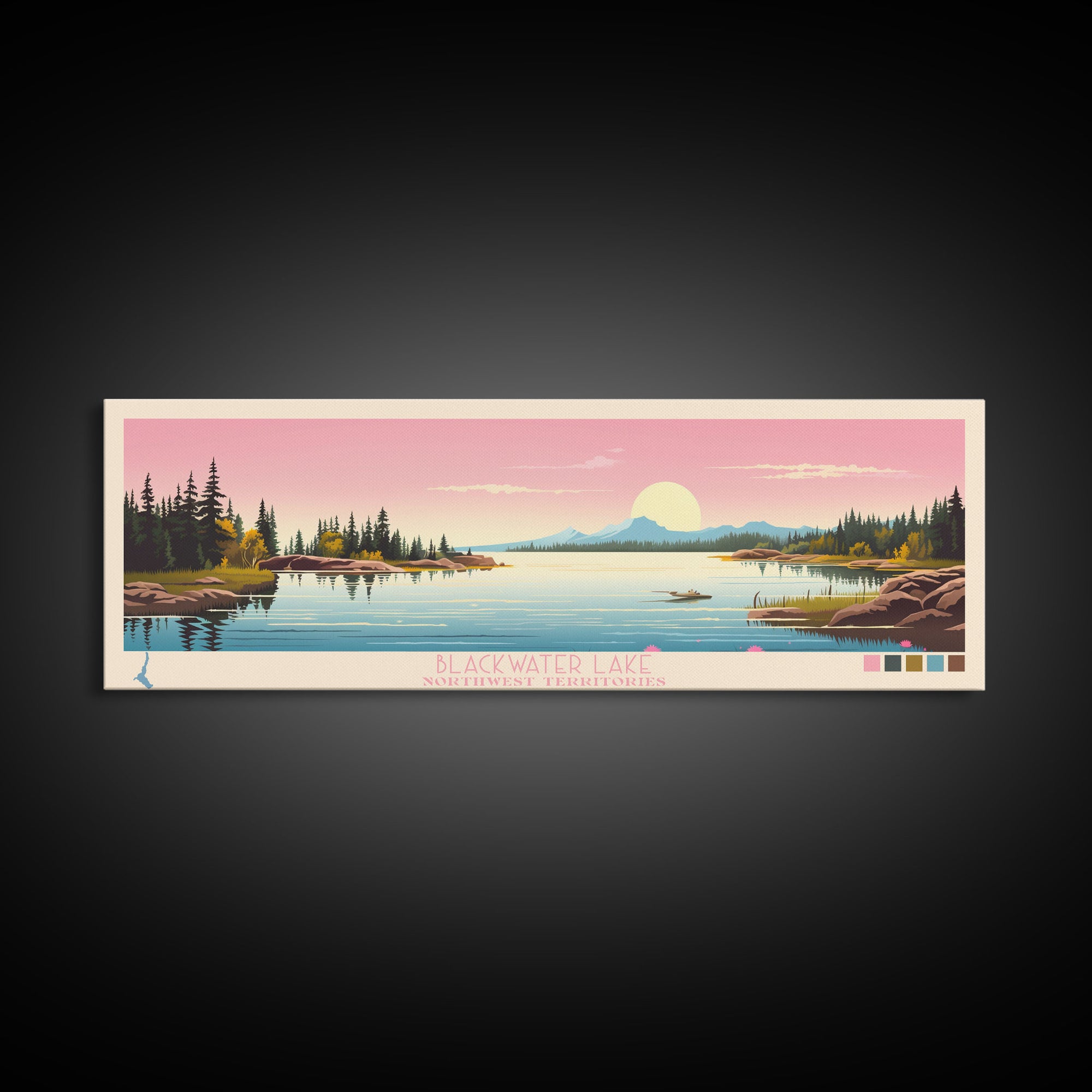 Blackwater Lake Northwest Territories Framed Canvas Print, Panoramic Wall Art, Midcentury Modern, Pop Art, Travel Poster, Scenic Living Room Art, Lake House Decor