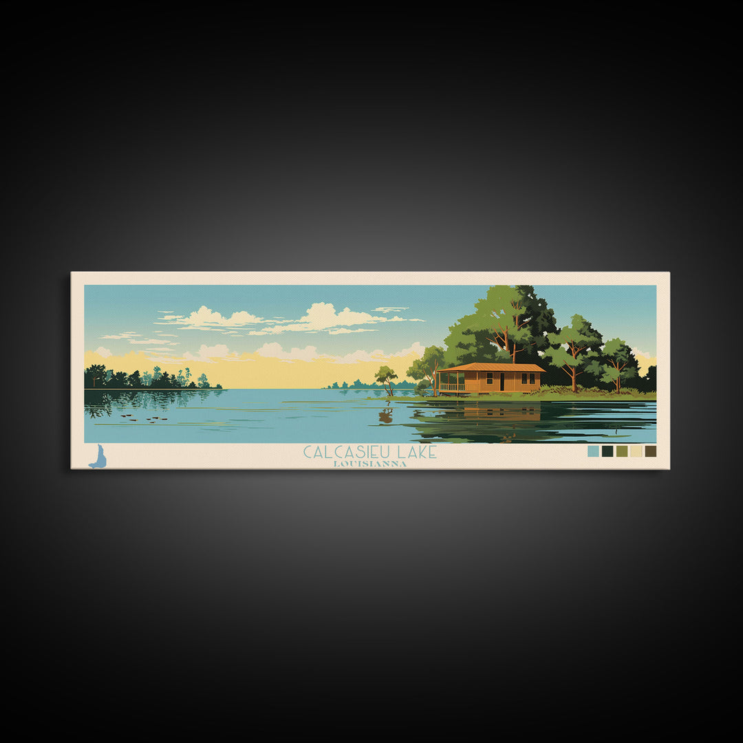 Calcasieu Lake Louisianna Framed Canvas Print, Pop Art Panoramic Travel Poster, Midcentury Modern, Wall Art, Scenic Nature Painting, Bedroom Decor