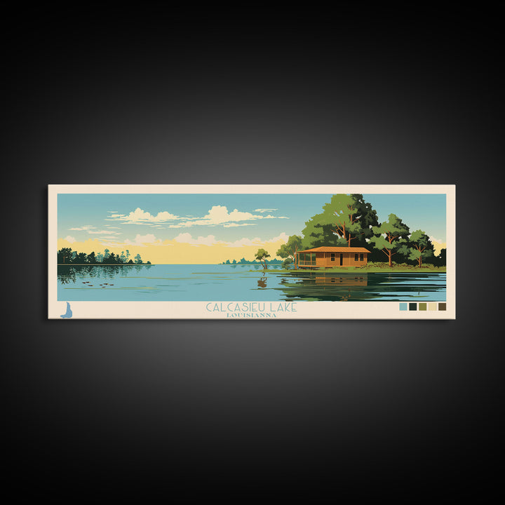 Calcasieu Lake Louisianna Framed Canvas Print, Pop Art Panoramic Travel Poster, Midcentury Modern, Wall Art, Scenic Nature Painting, Bedroom Decor