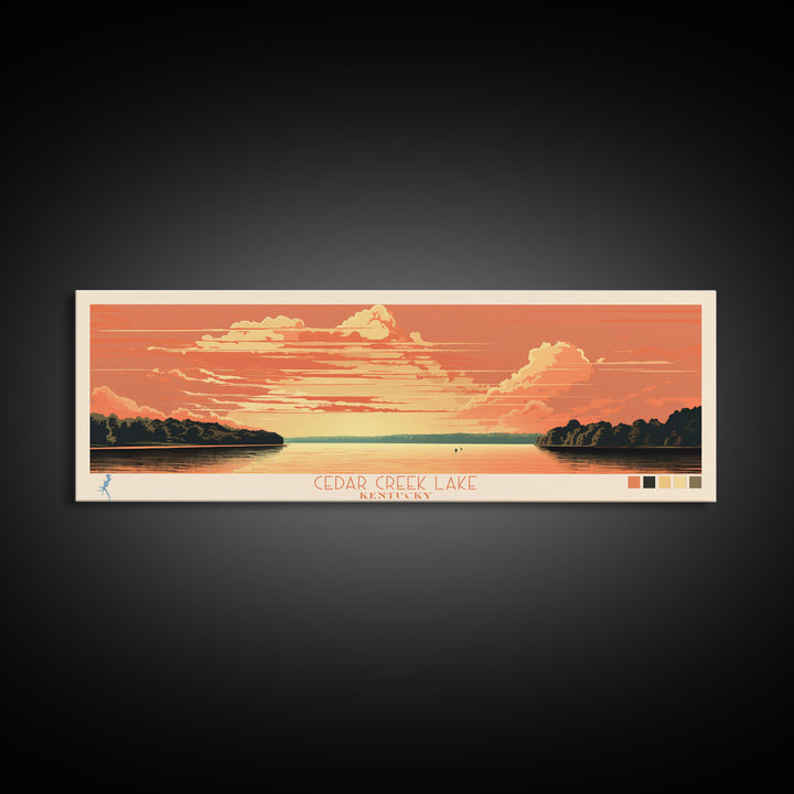 Cedar Creek Lake Kentucky Framed Canvas Print, Midcentury Modern Panoramic Wall Art, Living Room Decor, Pop Art, Travel Poster Art, Scenic Nature Painting, Lake House Decor