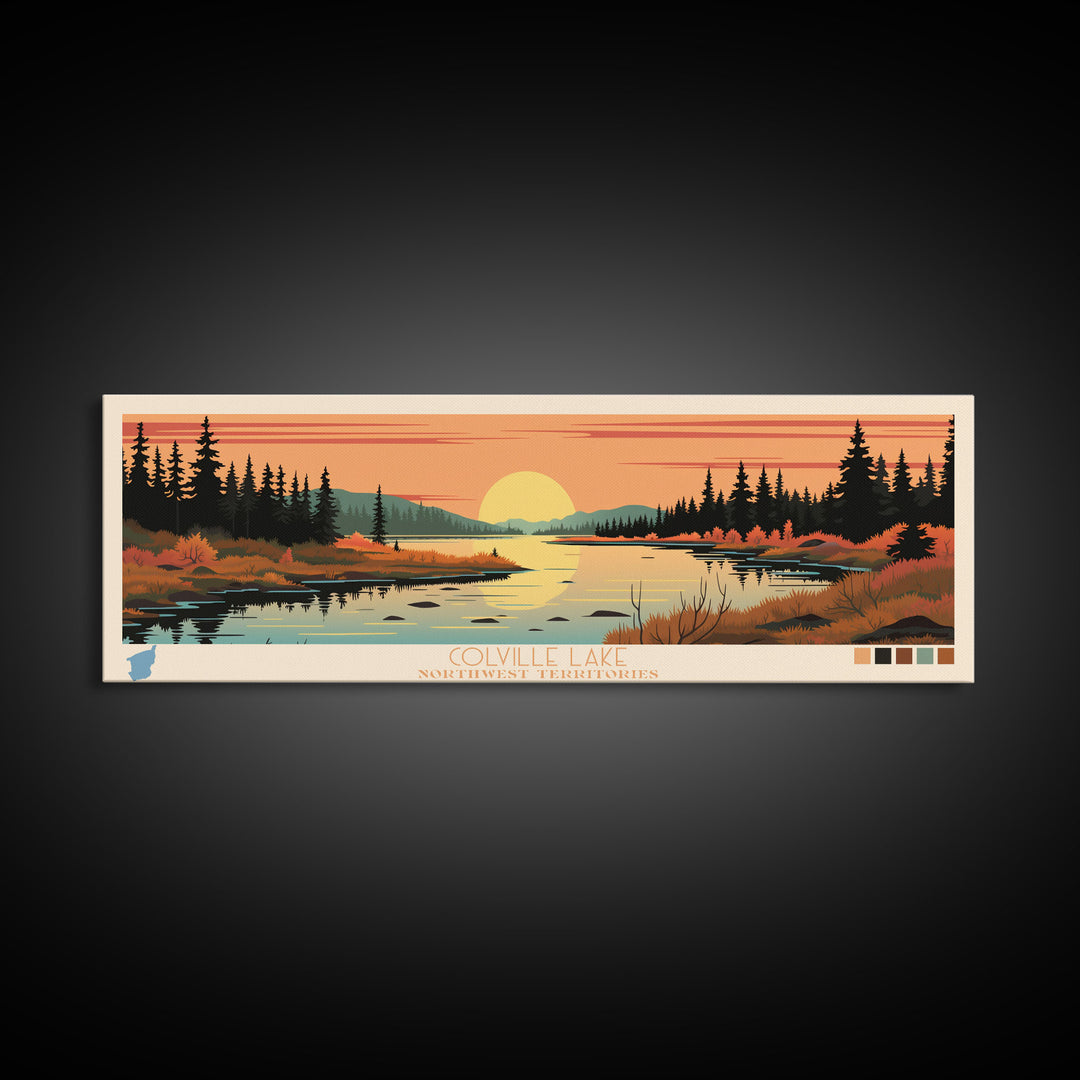 Colville Lake Northwest Territories Framed Canvas Print, Pop Art Panoramic Travel Poster, Bedroom Decor, Midcentury Modern, Wall Art, Scenic Lake House, Nature Art