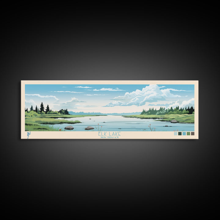 Elk Lake Michigan Framed Canvas Print, Panoramic Wall Art, Midcentury Modern, Pop Art, Bedroom Decor, Travel Poster, Nature Art