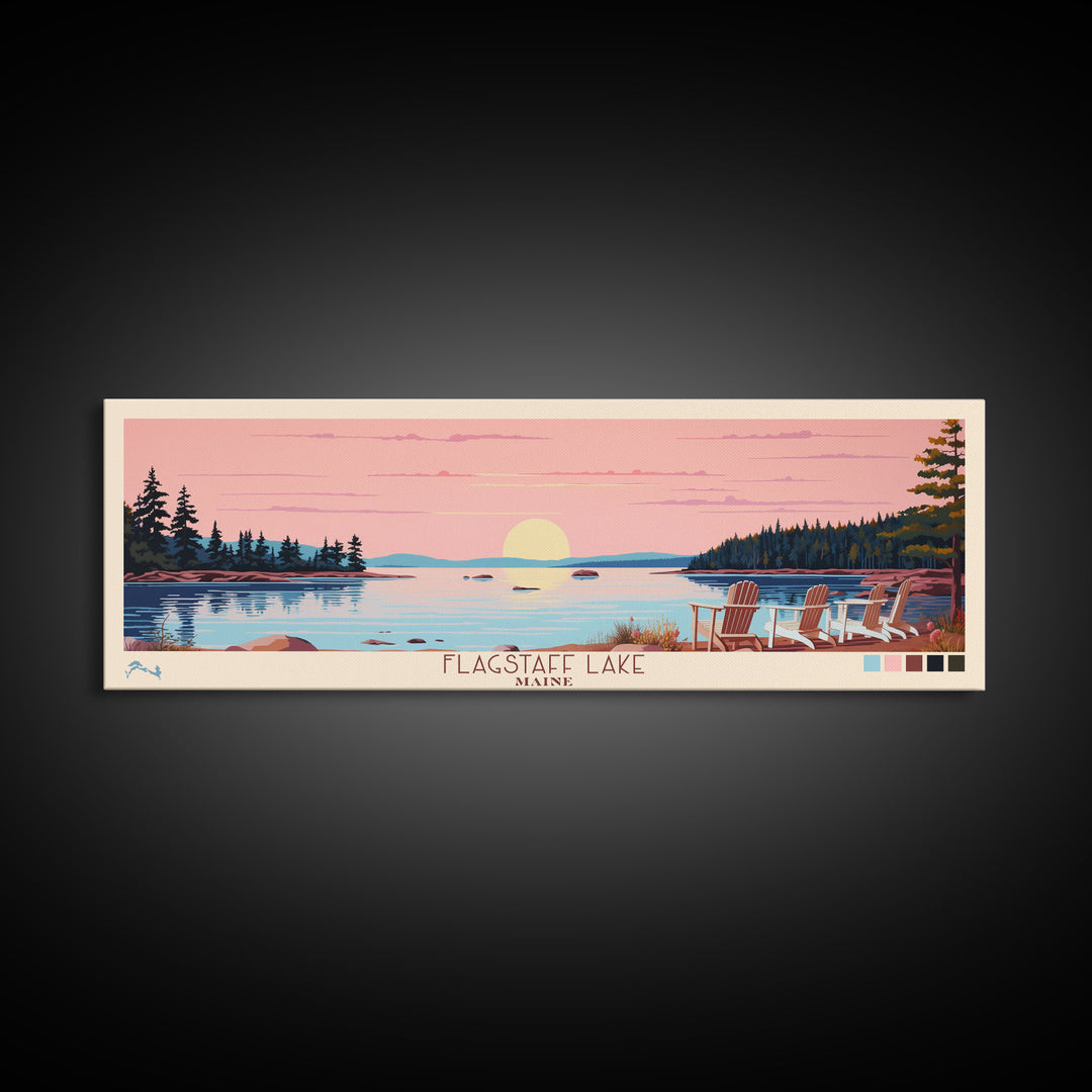 Flagstaff Lake Maine Framed Canvas Print, Panoramic Wall Art, Midcentury Modern, Pop Art, Bedroom Decor, Travel Poster, Artistic Decor, Lake View