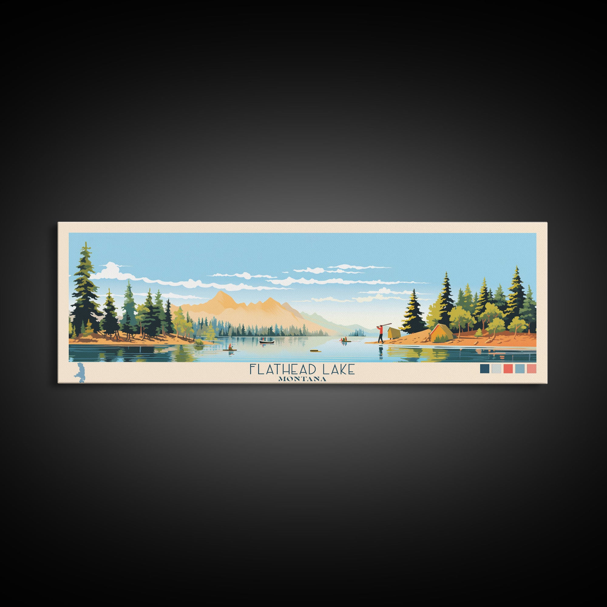 Flathead Lake Montana Framed Canvas Print, Panoramic Wall Art, Midcentury Modern, Pop Art, Bedroom Decor, Travel Poster, Nature Painting, Artistic Decor