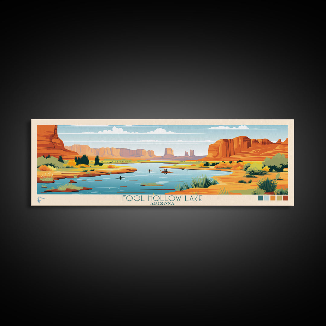 Fool Hollow Lake Arizona Framed Canvas Print, Panoramic Art, Midcentury Modern, Pop Art, Living Room Decor, Travel Poster, Lake Painting, Wall Art