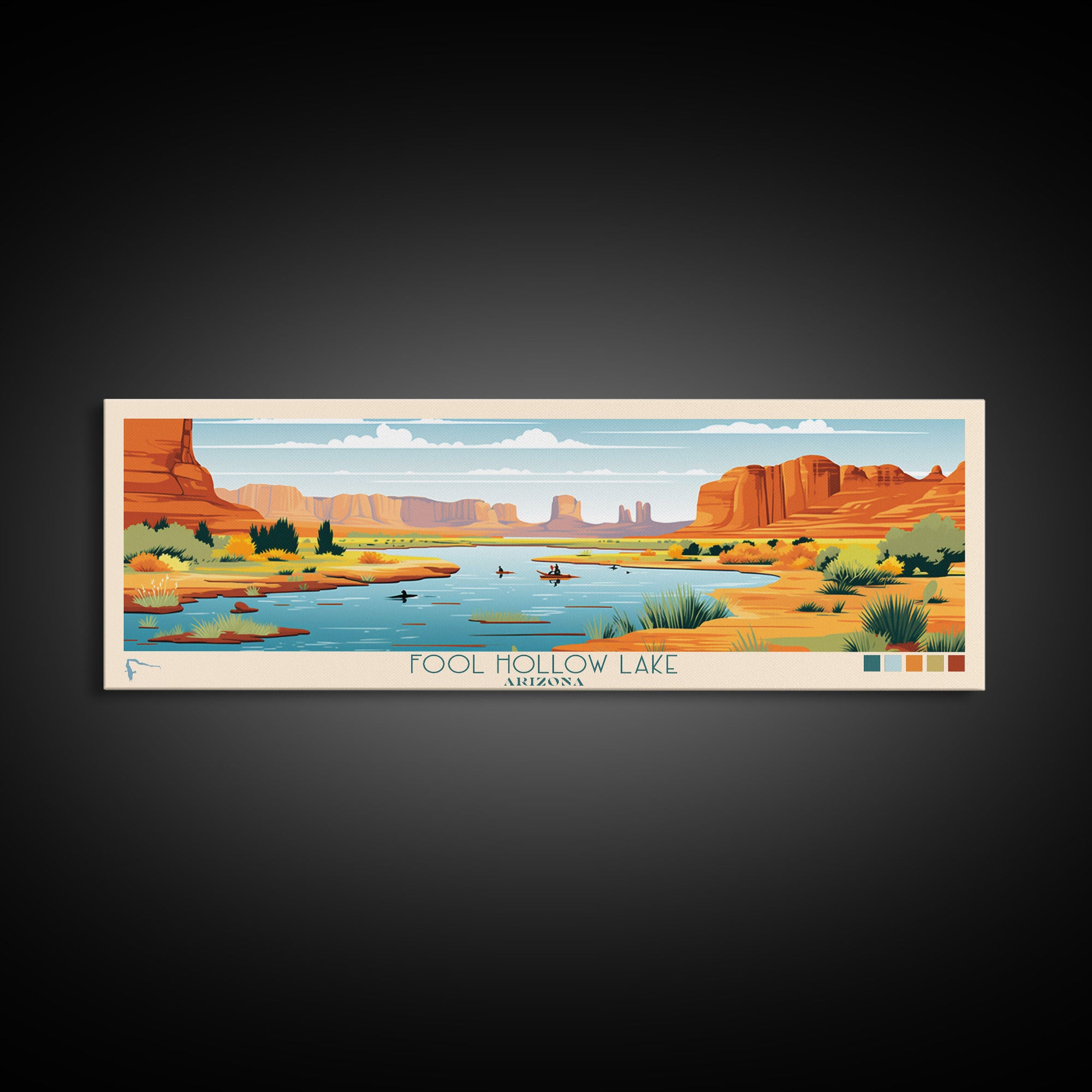 Fool Hollow Lake Arizona Framed Canvas Print, Panoramic Art, Midcentury Modern, Pop Art, Living Room Decor, Travel Poster, Lake Painting, Wall Art