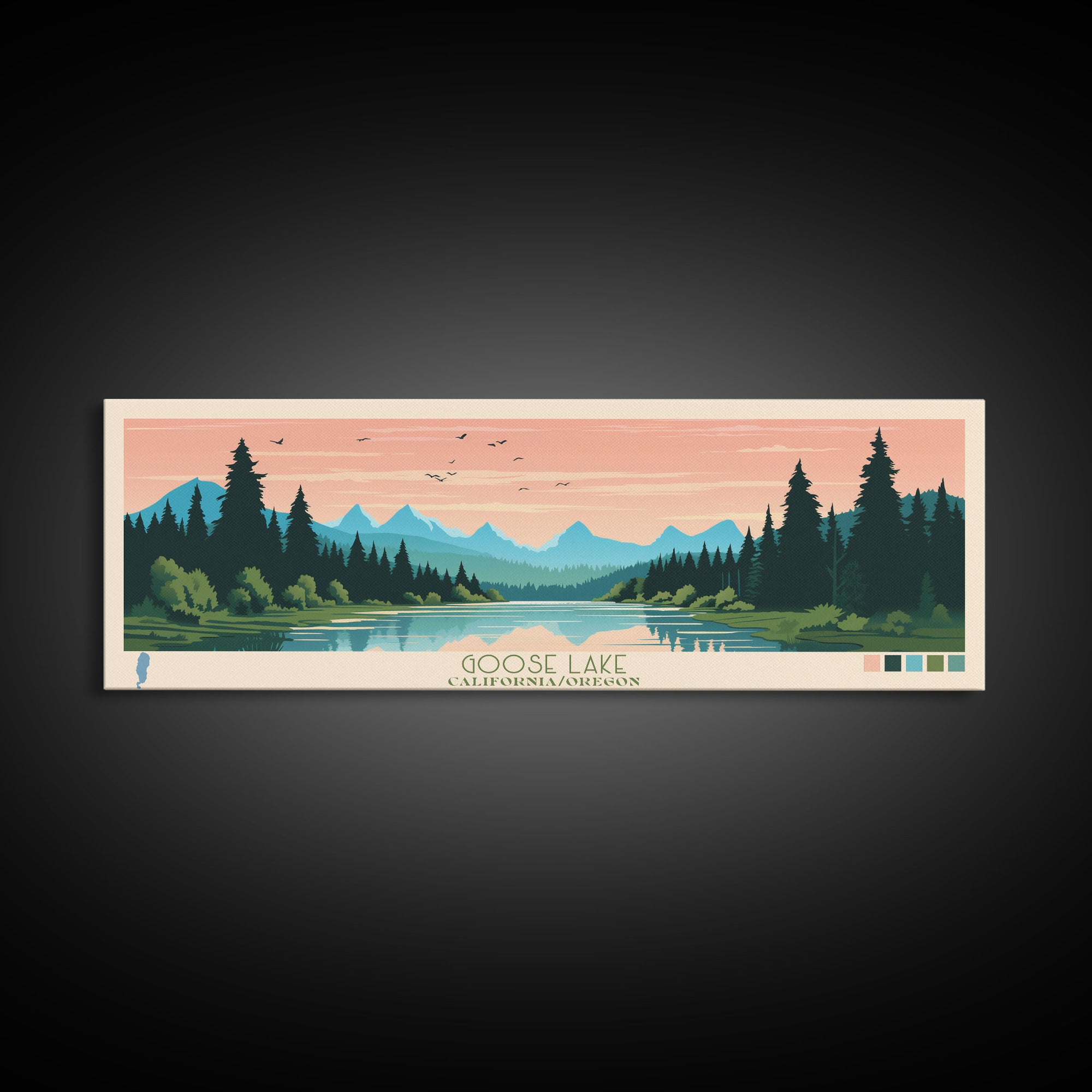 Goose Lake California Oregon Framed Canvas Print, Panoramic Wall Art, Midcentury Modern, Pop Art, Living Room Decor, Travel Poster, Lake View, Nature Art