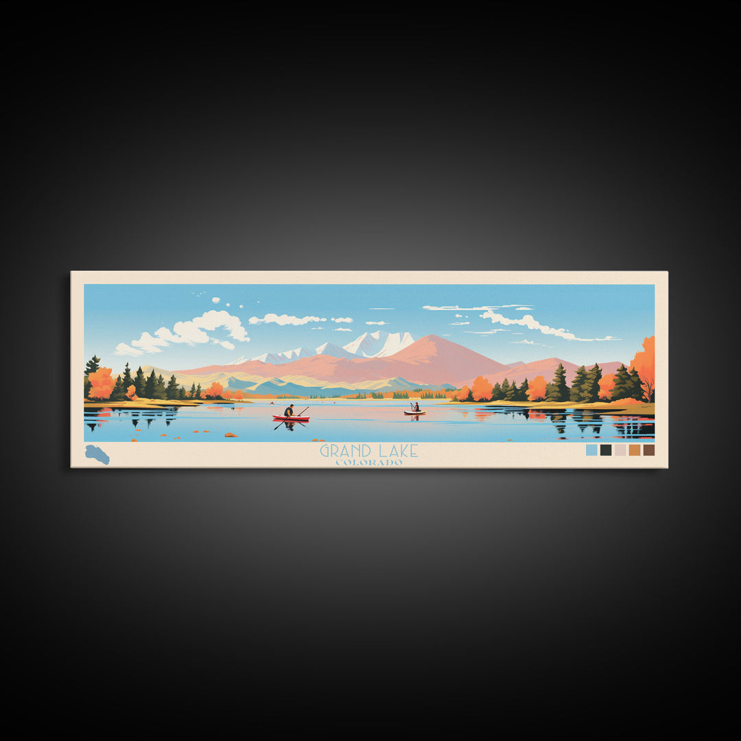 Grand Lake Colorado Framed Canvas Print, Panoramic Wall Art, Midcentury Modern, Pop Art, Living Room Decor, Travel Poster, Nature Art, Home Decor