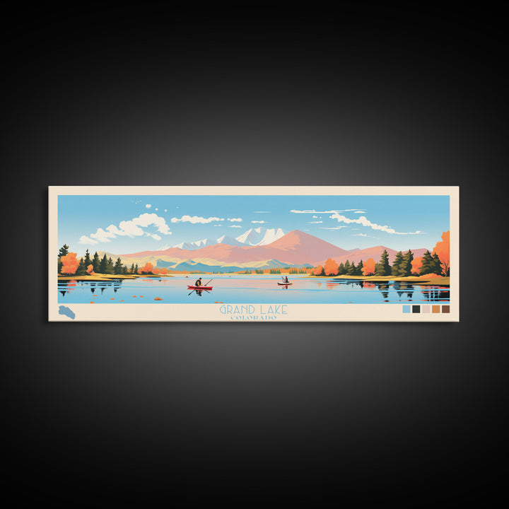 Grand Lake Colorado Framed Canvas Print, Panoramic Wall Art, Midcentury Modern, Pop Art, Living Room Decor, Travel Poster, Nature Art, Home Decor