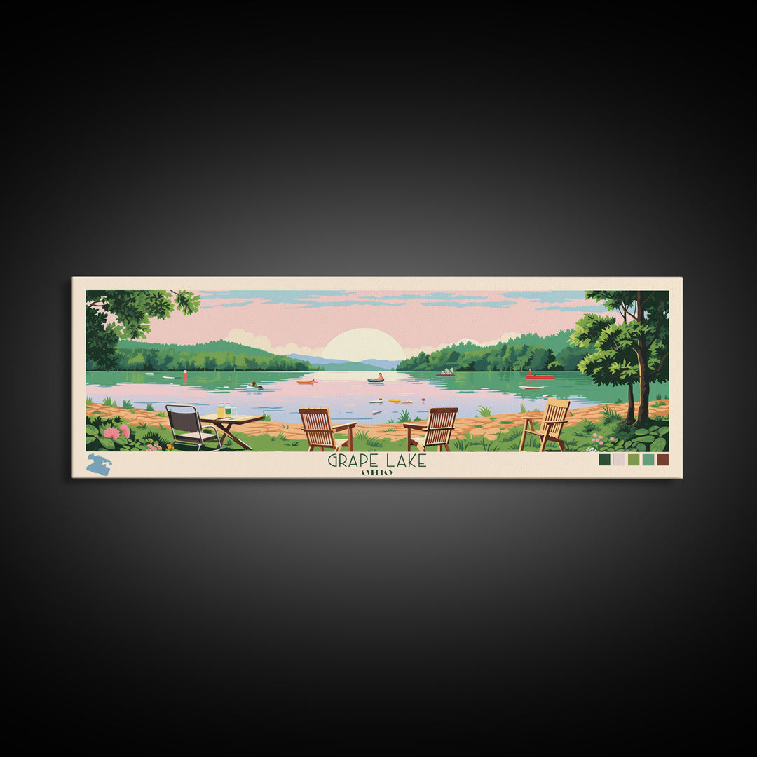 Grape Lake Ohio Framed Canvas Print, Panoramic Wall Art, Midcentury Modern, Pop Art, Living Room Wall Art, Travel Poster, Artistic Decor, Nature Art