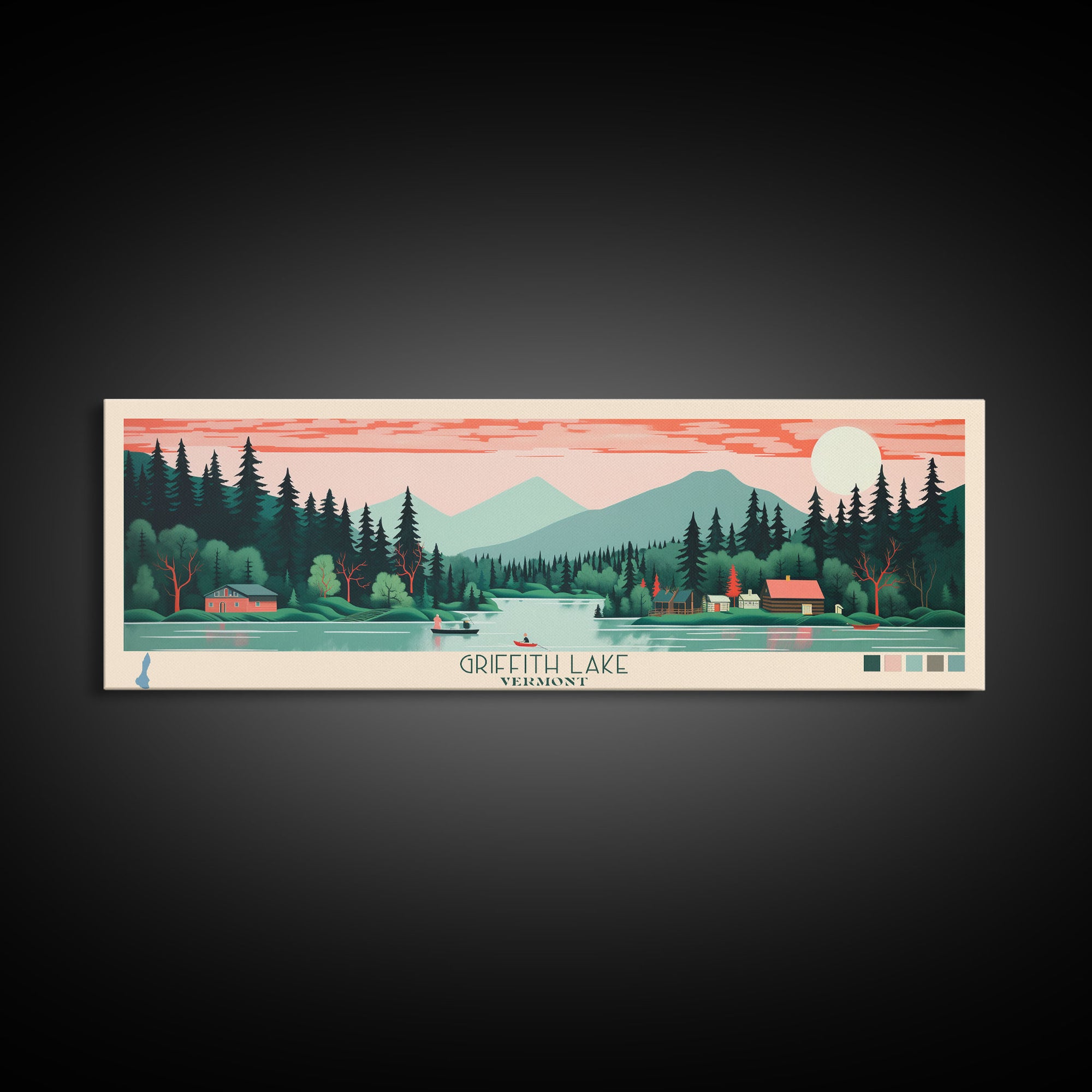 Griffith Lake Vermont2 Framed Canvas Print, Panoramic Art, Midcentury Modern, Pop Art, Bedroom Decor, Travel Poster, Artistic Decor, Home Decor
