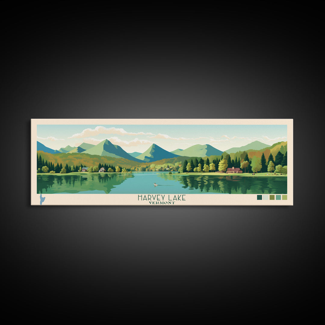 Harvey Lake Vermont Framed Canvas Print, Panoramic Wall Art, Midcentury Modern, Pop Art, Living Room Wall Art, Travel Poster, Lake View, Artistic Decor