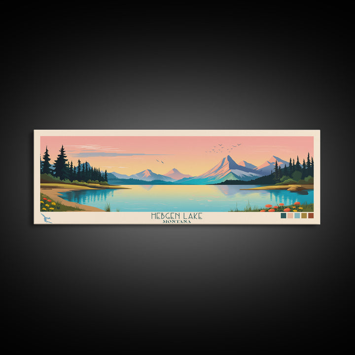Hebgen Lake Montana Framed Canvas Print, Panoramic Wall Art, Midcentury Modern, Pop Art, Living Room Decor, Travel Poster, Nature Art, Lake House Art