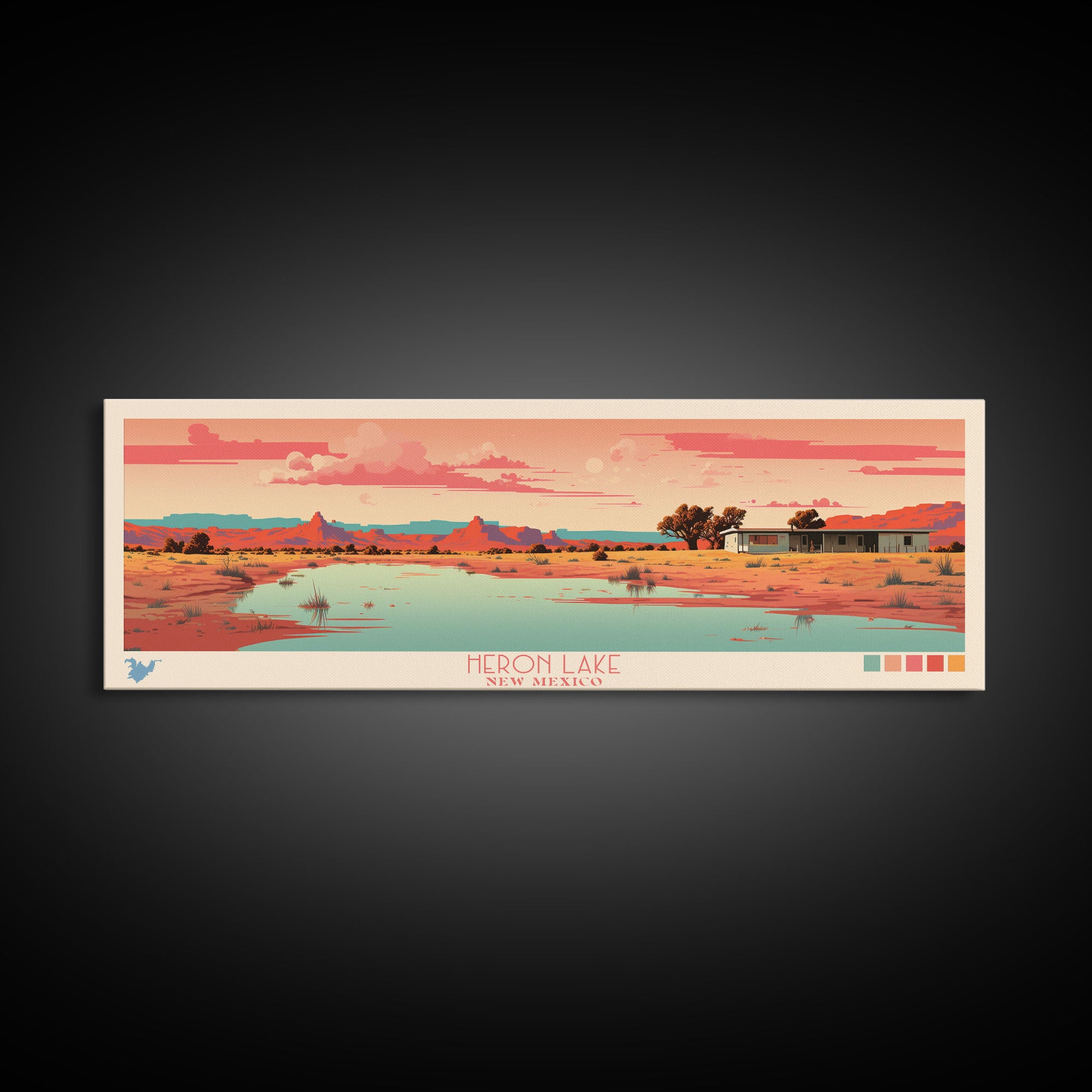 Heron Lake New Mexico Framed Canvas Print, Panoramic Art, Midcentury Modern, Pop Art, Bedroom Decor, Travel Poster, Artistic Decor, Home Decor