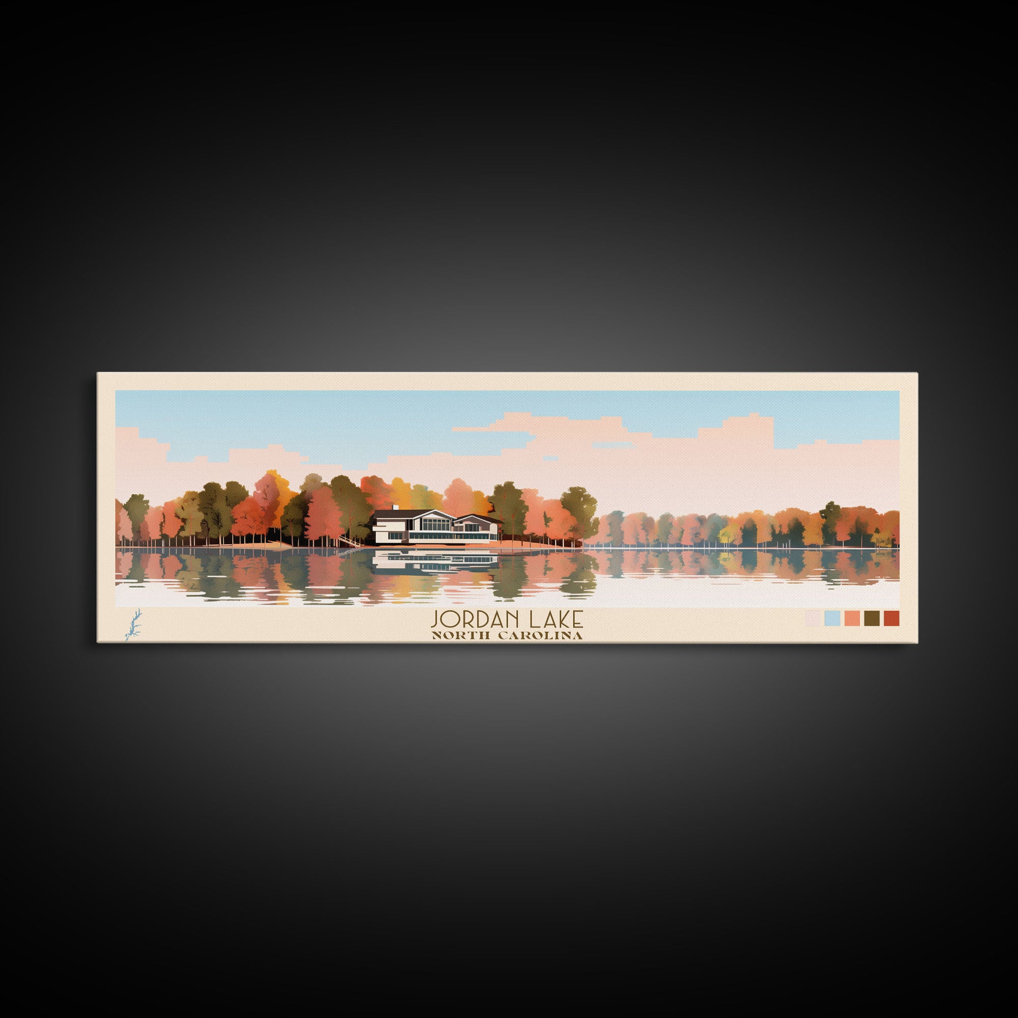Jordan Lake North Carolina Framed Canvas Print, Panoramic Art, Midcentury Modern, Pop Art, Lake House Decor, Travel Poster, Living Room Art