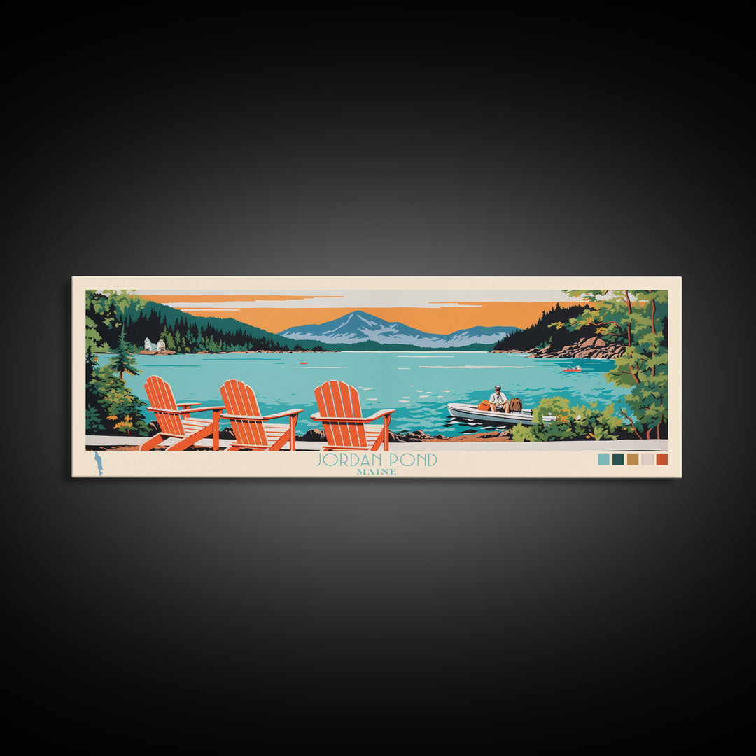 Jordan Pond Maine Framed Canvas Print, Panoramic Wall Art, Midcentury Modern, Pop Art, Bedroom Decor, Travel Poster, Artistic Home Decor
