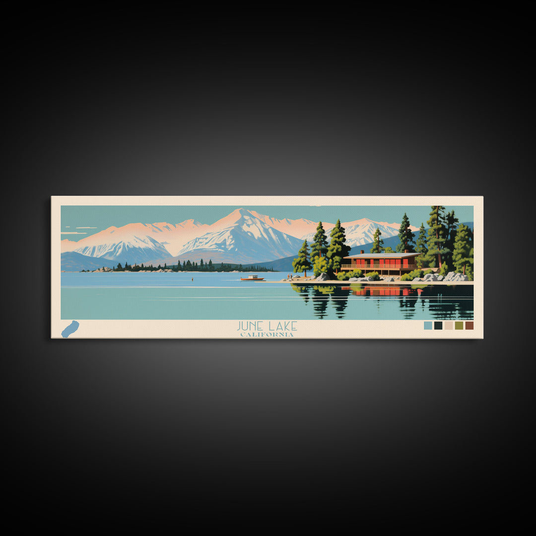 June Lake California Framed Canvas Print, Panoramic Wall Art, Midcentury Modern, Pop Art, Lake House Art, Travel Poster, Bedroom Decor