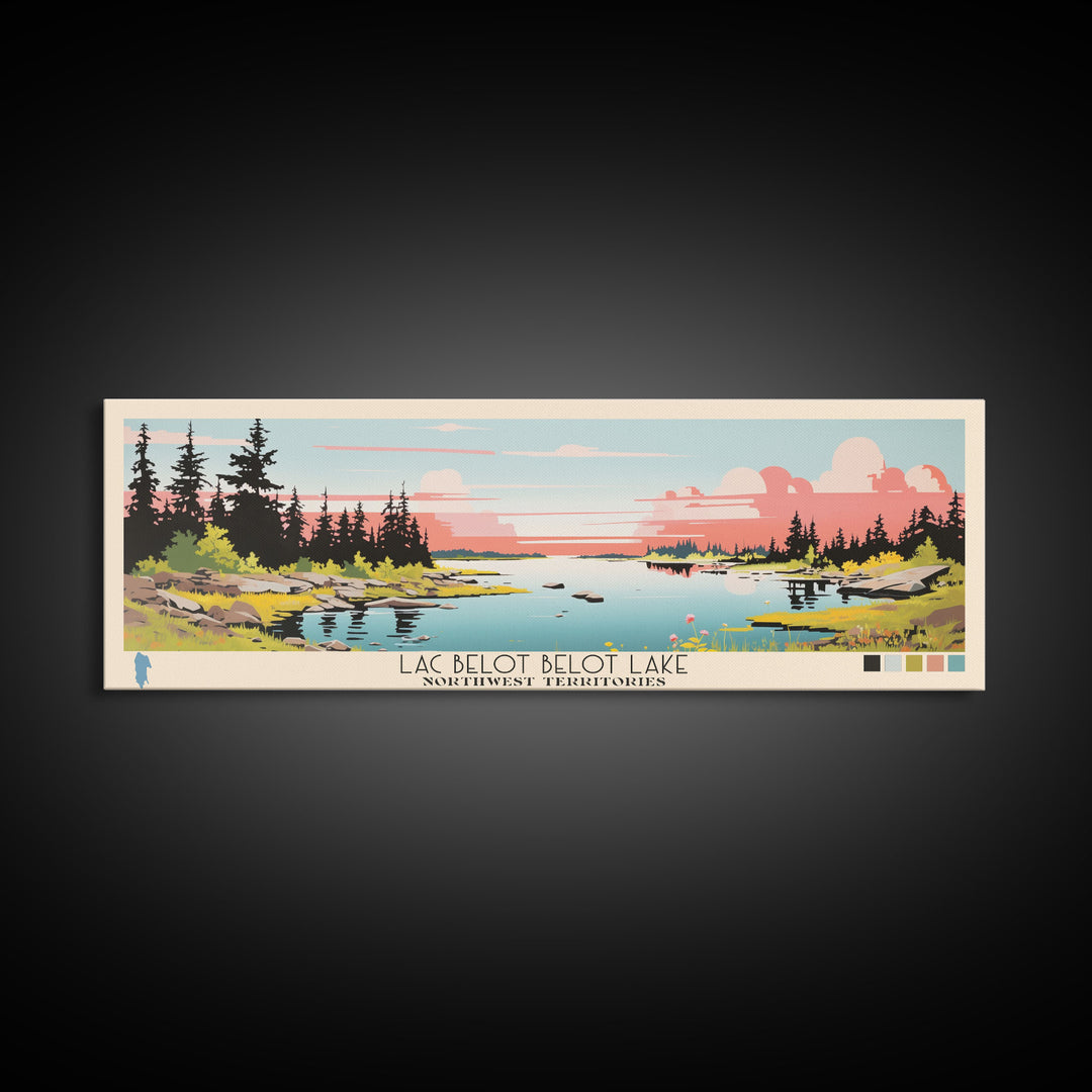 Lac Belot Northwest Territories Framed Canvas Print, Panoramic Wall Art, Midcentury Modern, Pop Art, Lake House Art, Travel Poster, Living Room Decor