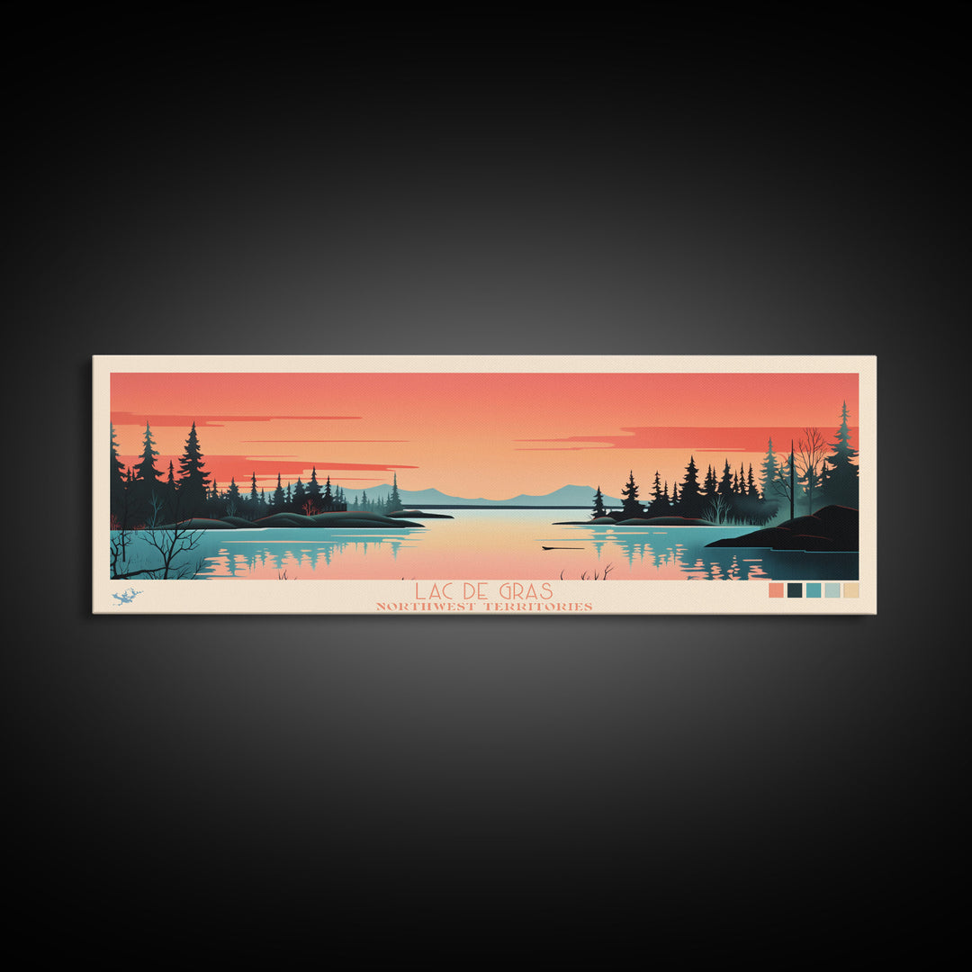 Lac De Gras Northwest Framed Canvas Print, Panoramic Wall Art, Midcentury Modern, Pop Art, Bedroom Decor, Travel Poster, Living Room Art